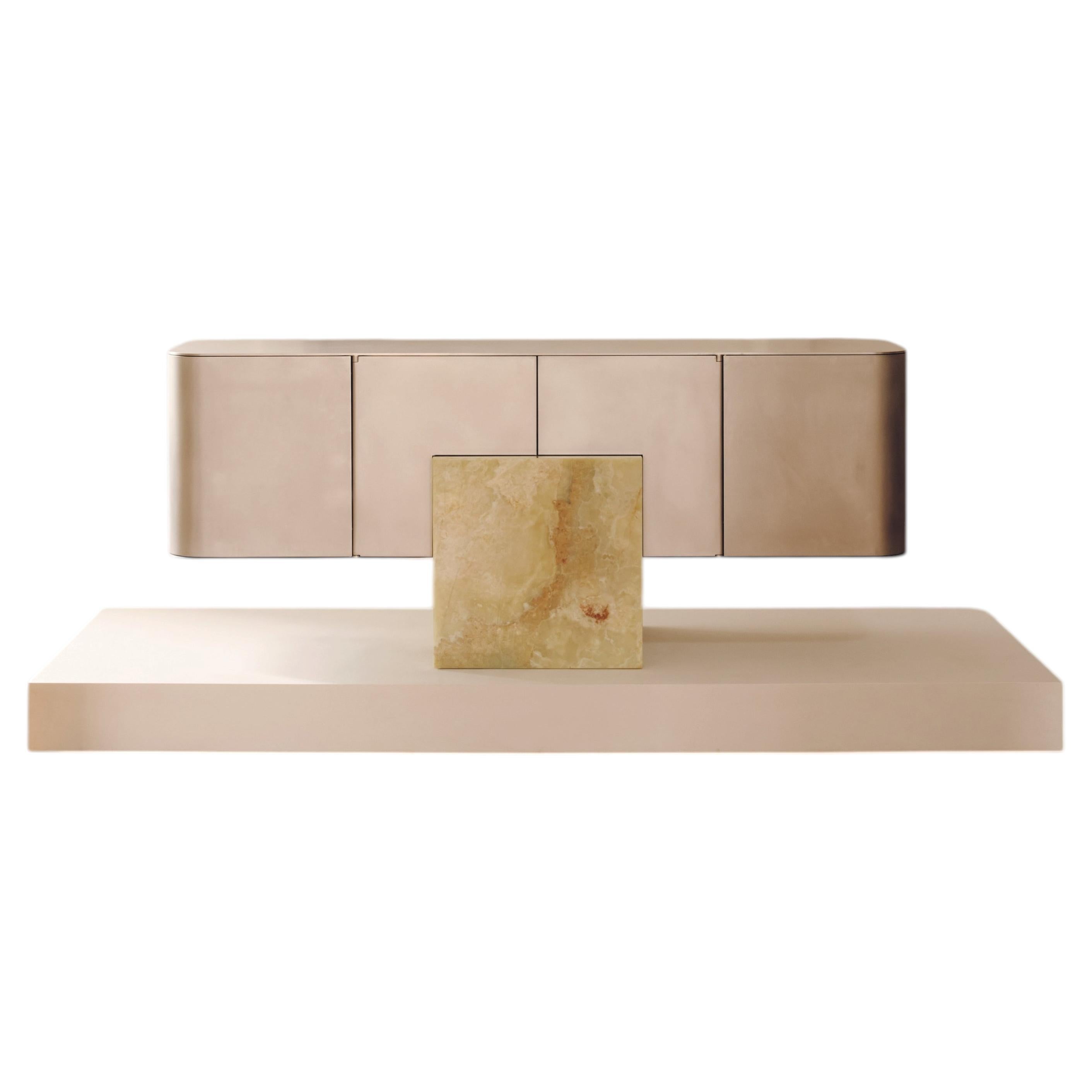 Coexist Credenza - Brushed Aluminium Bar Console on Green Onyx Base For Sale