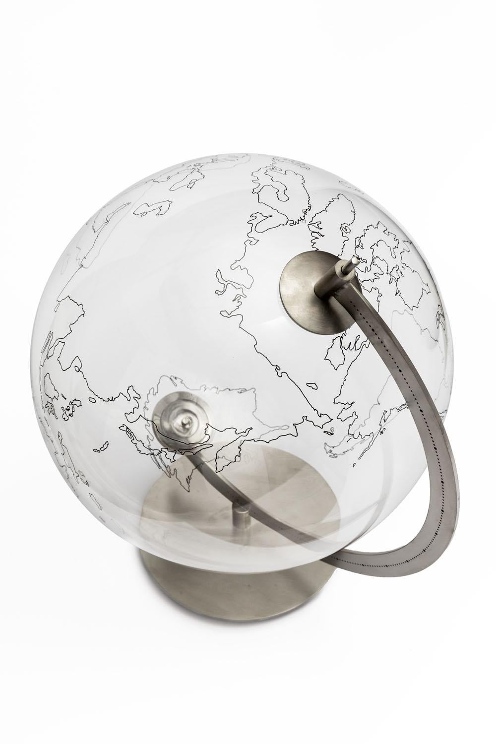 Italian Coexist Ground Glass and Brass Nickel Plated World Map Silver For Sale