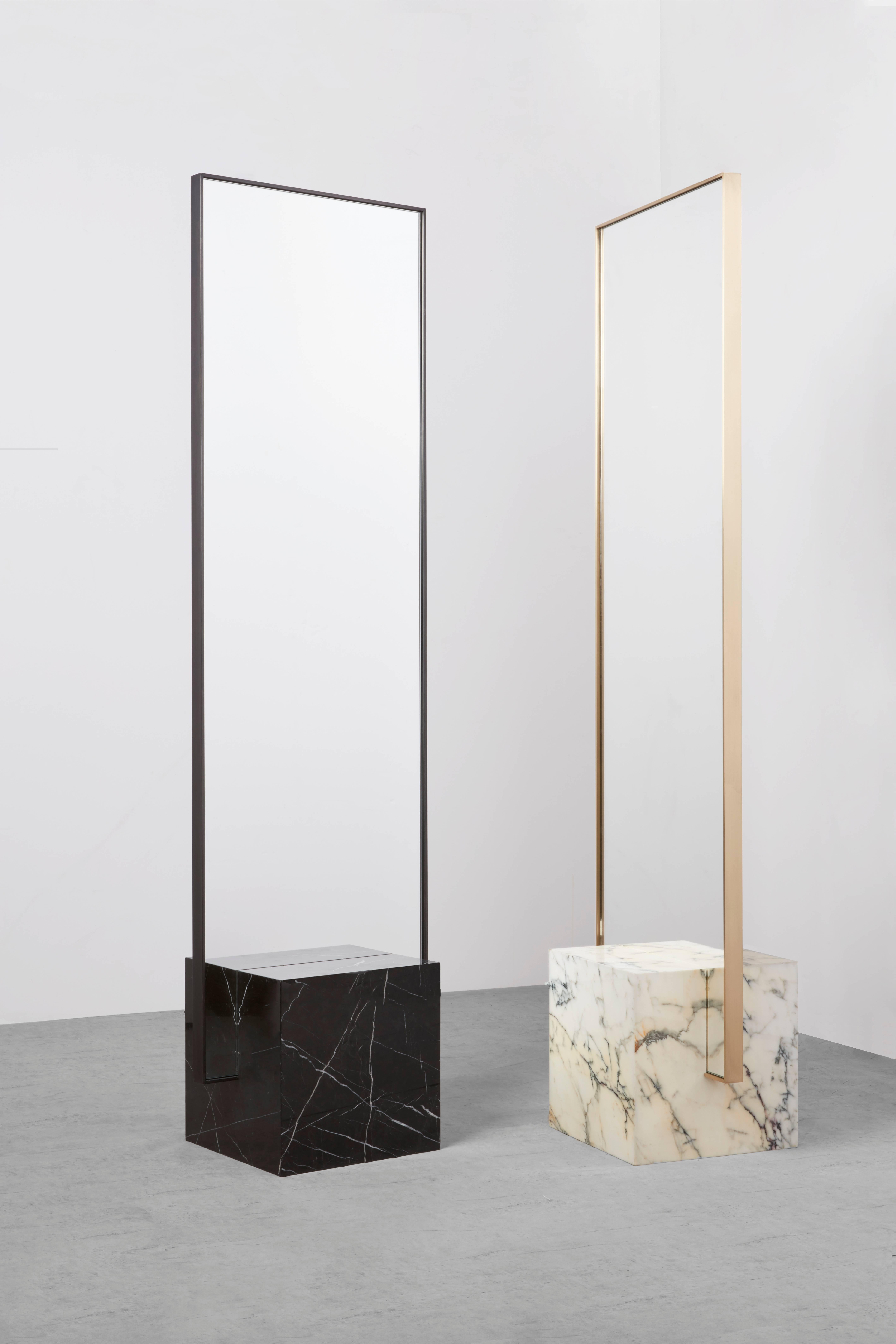 Brushed Coexist Slash Standing Mirror with Marble and Brass, 1stdibs New York For Sale