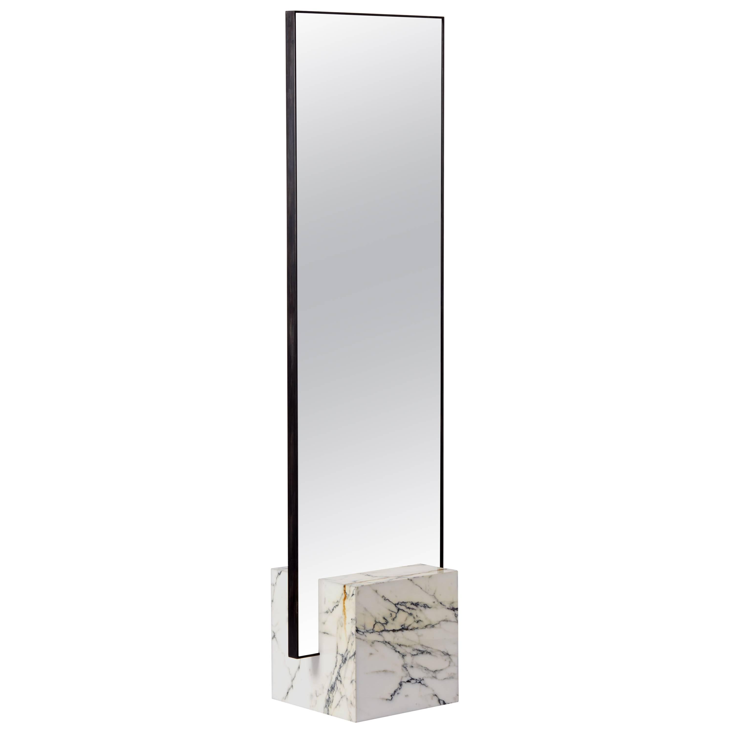 Coexist Slash Standing Mirror with Marble, Concrete Rubber and Black Steel Frame For Sale