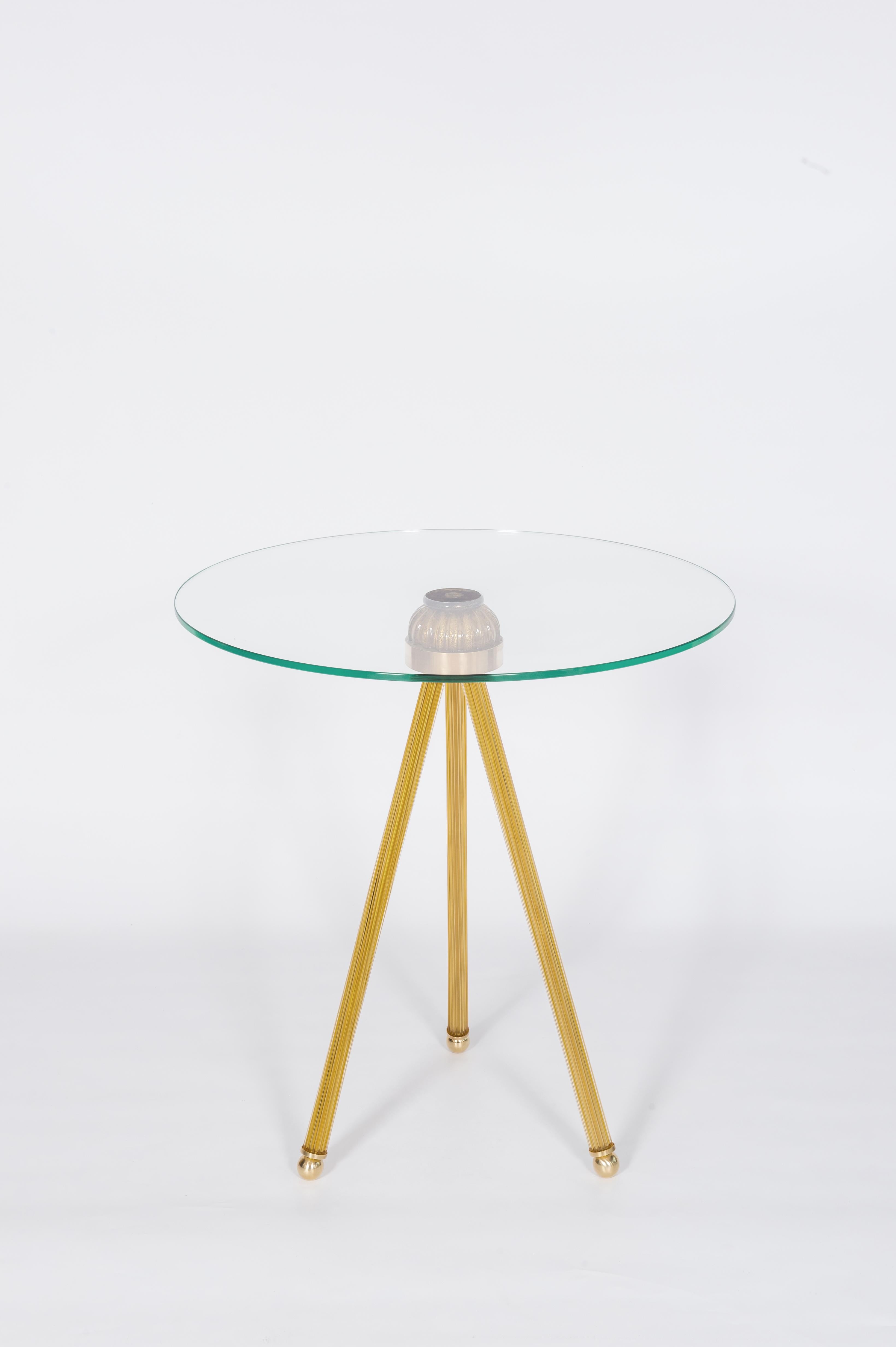Italian Cocktail table in Blown Murano Glass Amber Color and Brass finishes contemporary