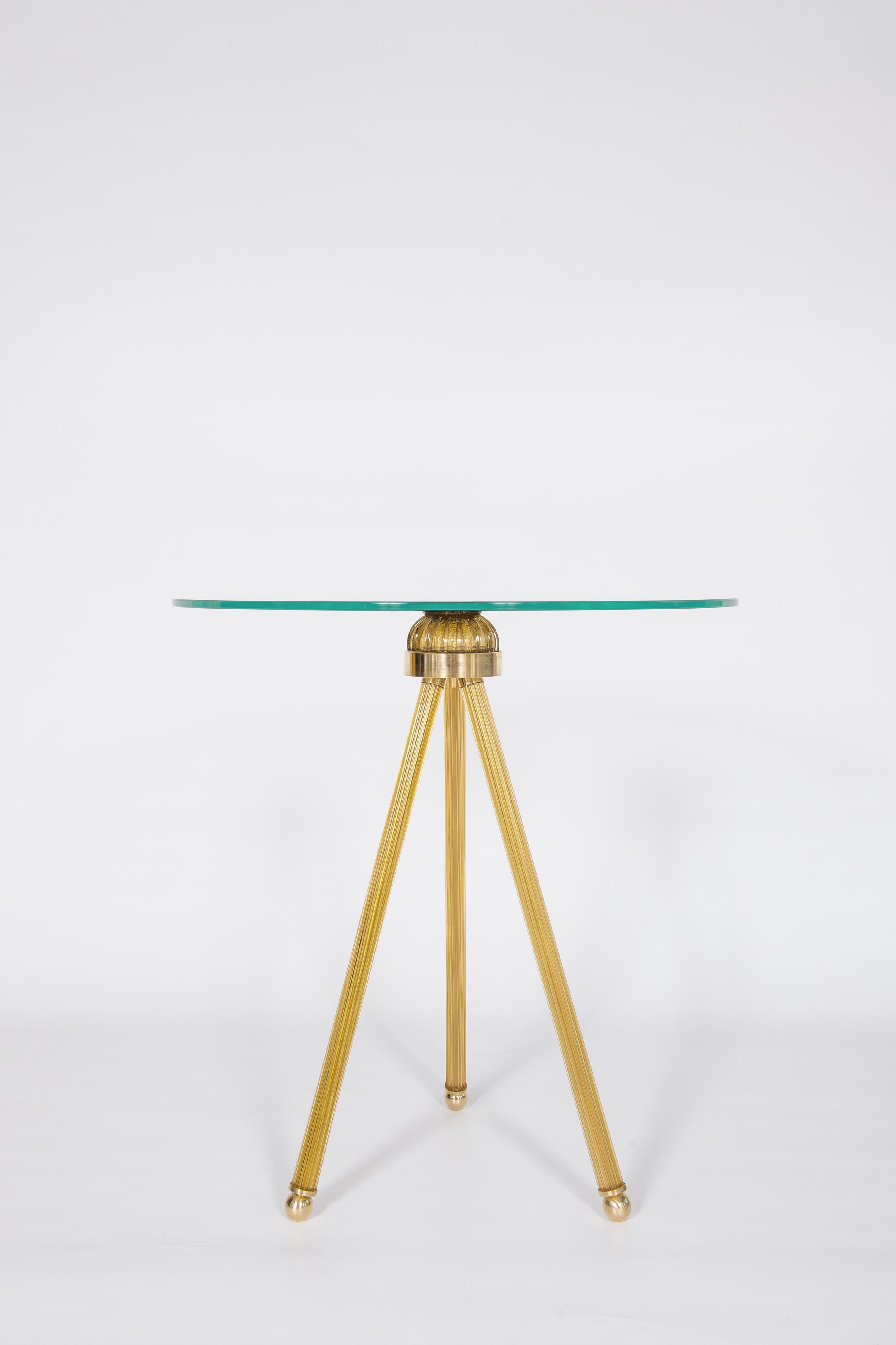 Hand-Crafted Cocktail table in Blown Murano Glass Amber Color and Brass finishes contemporary