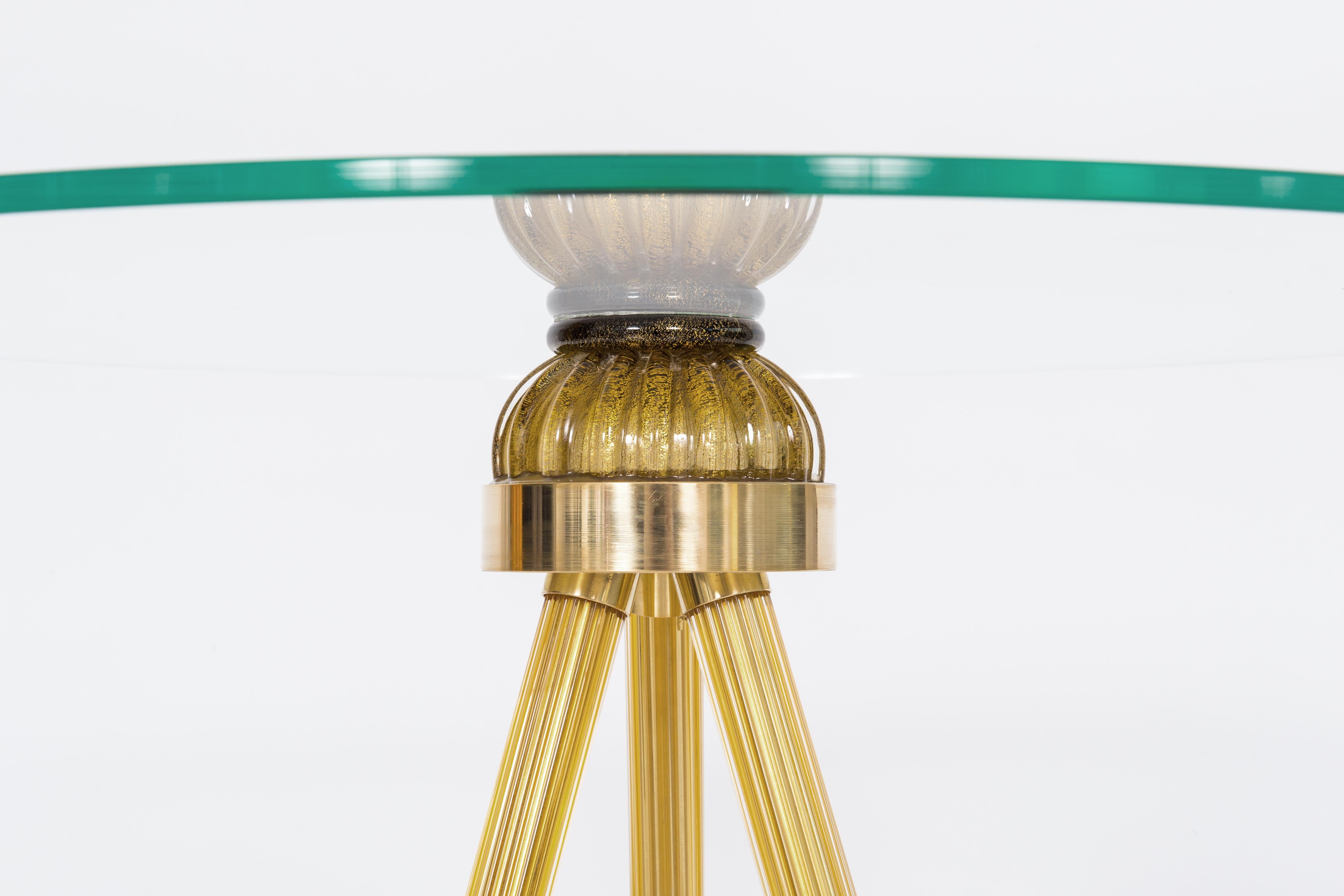 Art Glass Cocktail table in Blown Murano Glass Amber Color and Brass finishes contemporary