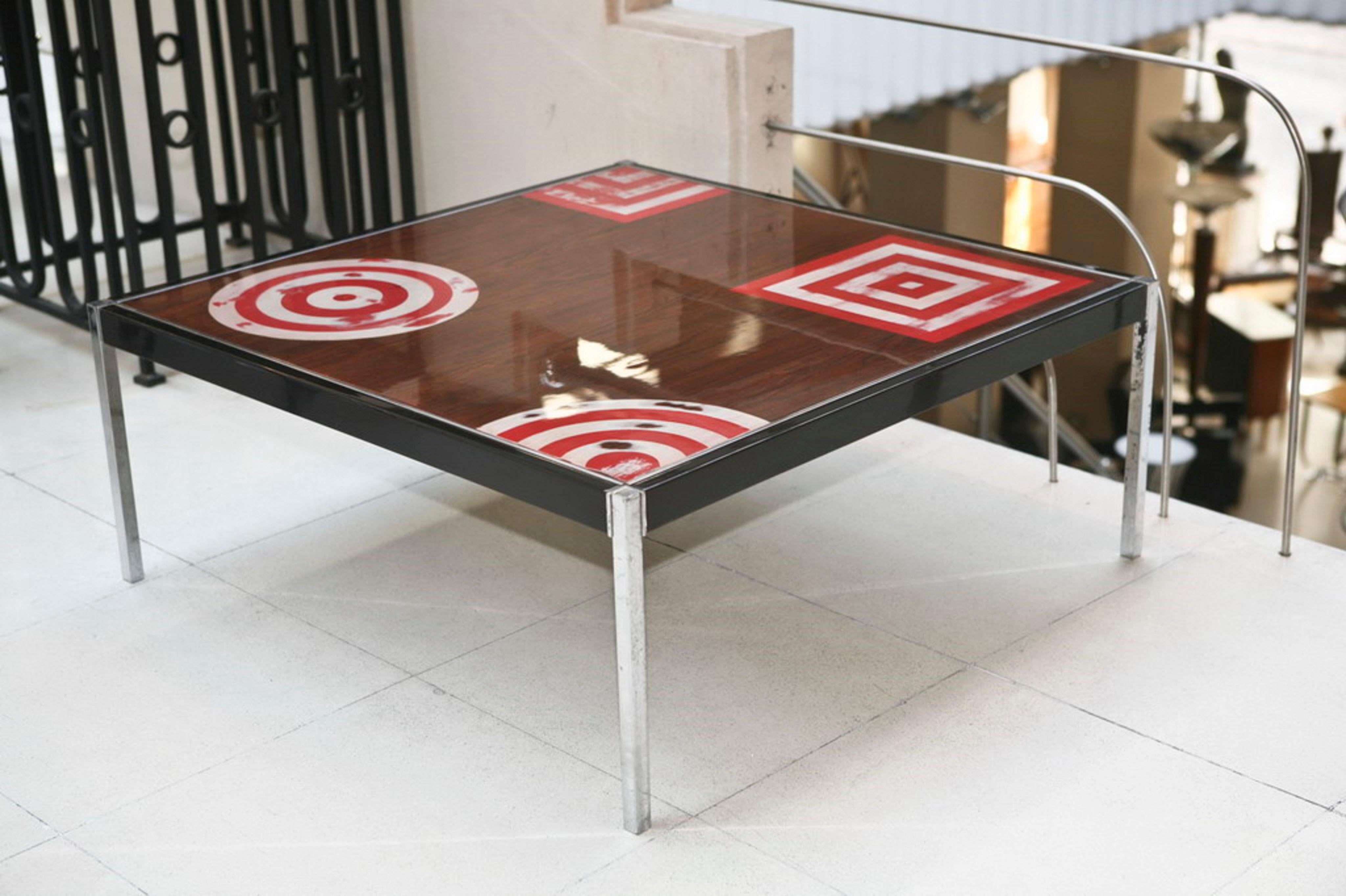 Space Age Coffe Table in wood and chromed bronze, 60°, Country France For Sale