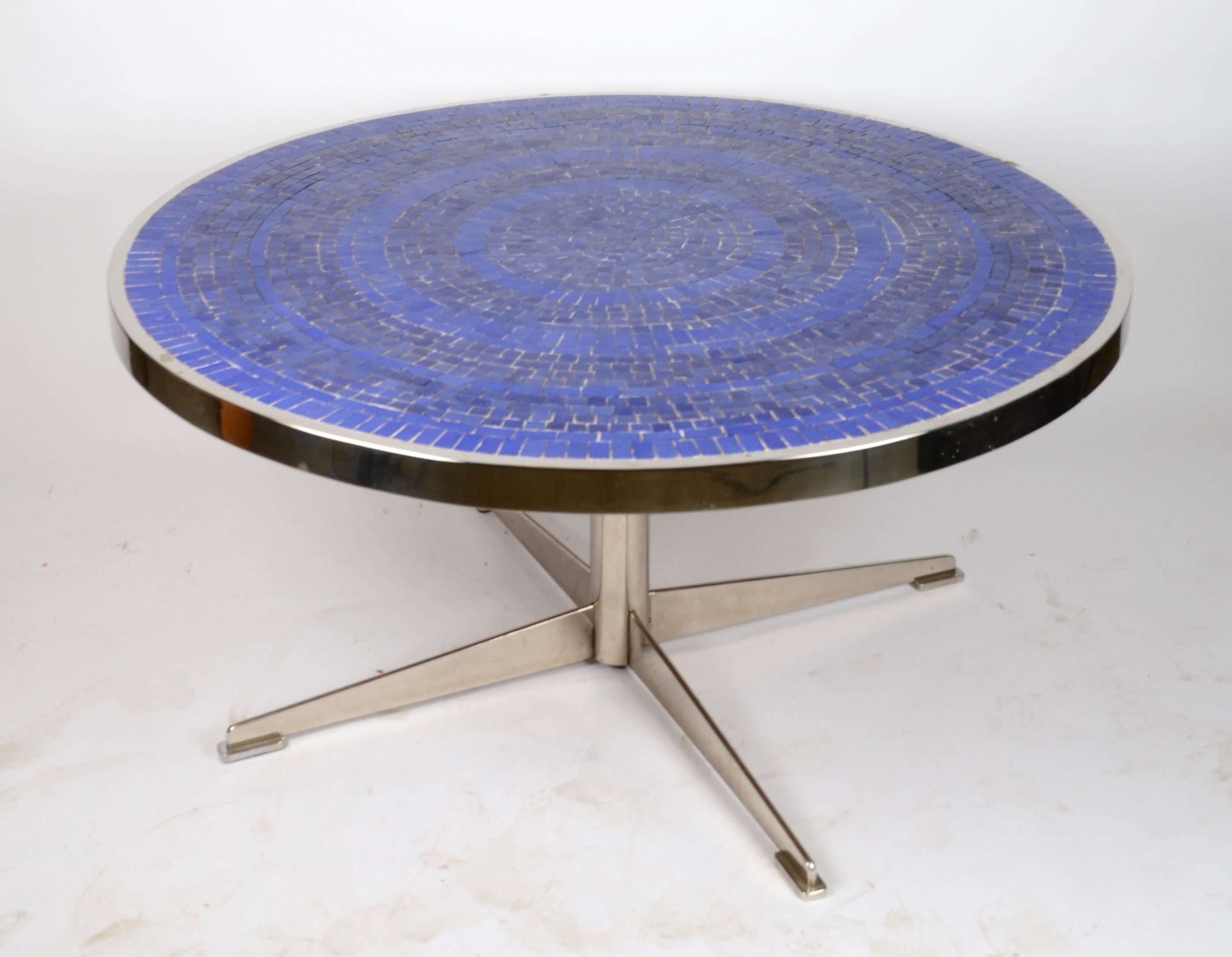 A coffee table in steel and mosaic top, Sweden, 1970s.