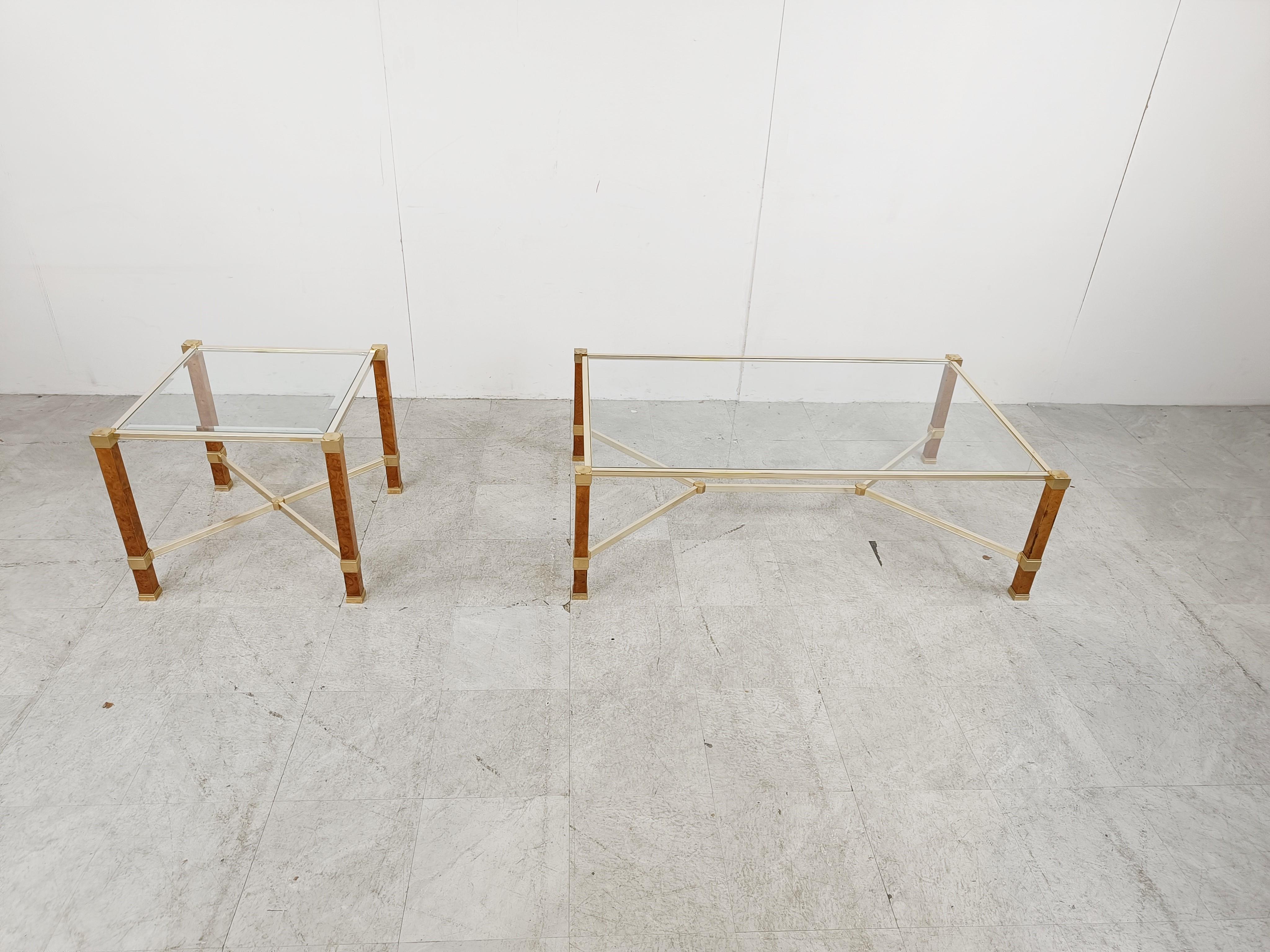 Vintage coffee table and side table set by Pierre Vandel Paris.

the frames are made of brass and burl wood with clear glass tops.

Luxury 1980s glam tables.

Very good condition

1980s - France

Dimensions:
Coffee table:
Height: 41cm/16.14