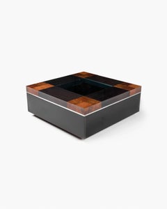 Coffee Bar Table in Checkered Burl Wood and Black Stained Veneer, circa 1970