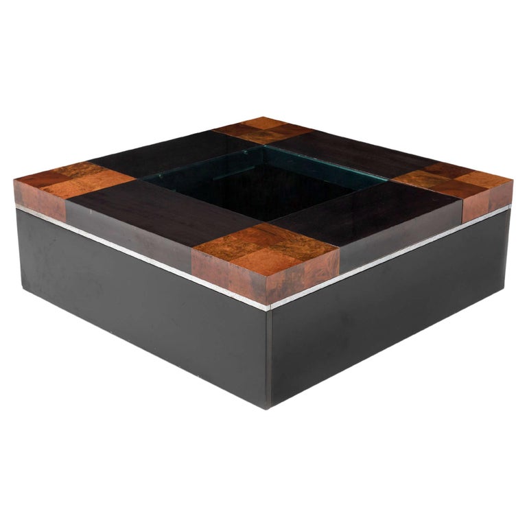 Coffee Bar Table in Checkered Burl Wood and Black Stained Veneer, circa