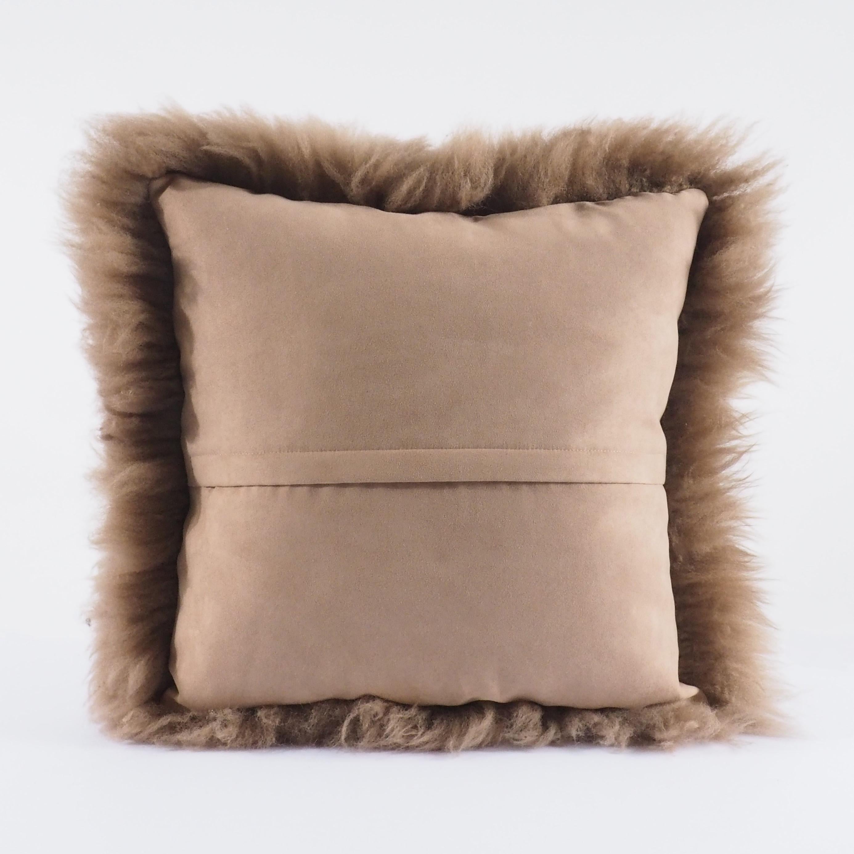 Italian Coffee Bean Dark Camel Shearling Sheepskin Pillow Fluffy Cushion by Muchi Decor For Sale