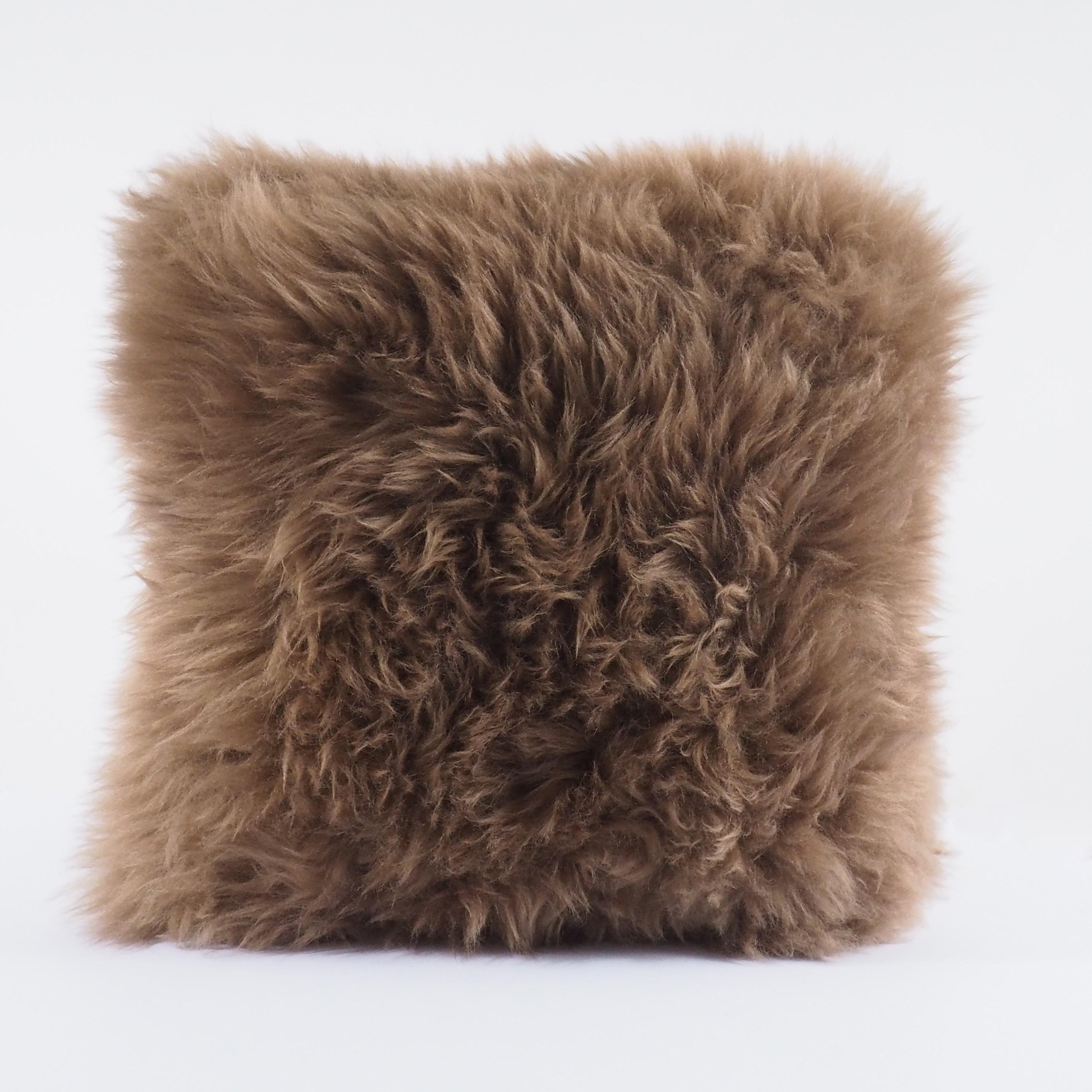 Coffee Bean Dark Camel Shearling Sheepskin Pillow Fluffy Cushion by Muchi Decor In New Condition For Sale In Poviglio, IT