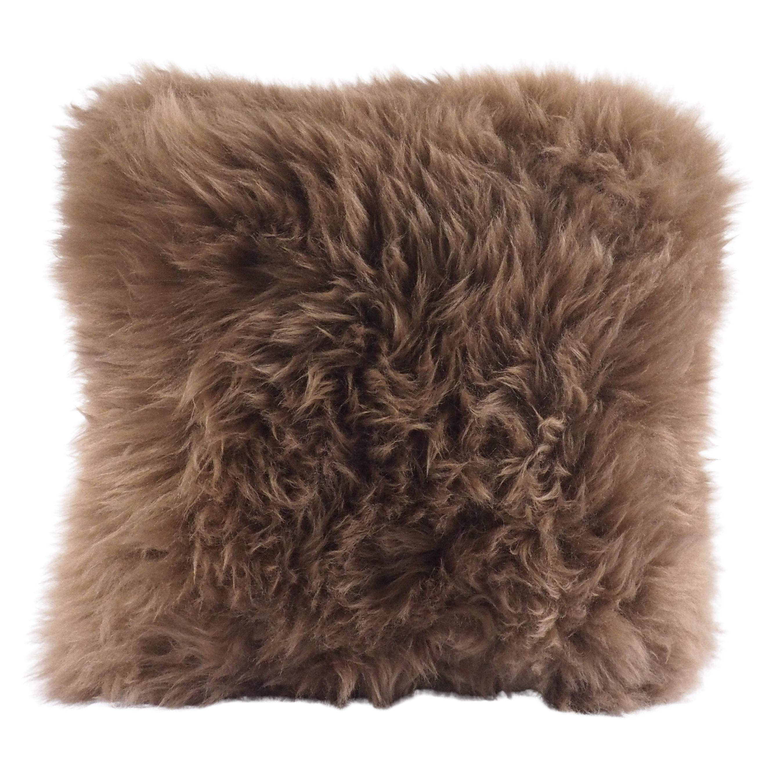 Coffee Bean Dark Camel Shearling Sheepskin Pillow Fluffy Cushion by Muchi Decor For Sale
