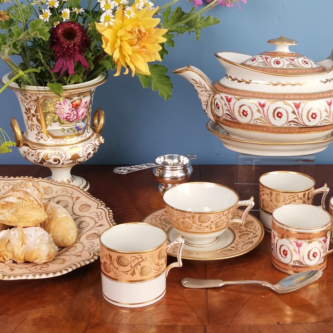 This is a beautiful coffee can and saucer made by Flight, Barr & Barr between 1813 and 1840, but most probably, circa 1815. It has a peach ground with a very charming gilt strawberry pattern.

Flight, Barr & Barr was the continuation of the famous