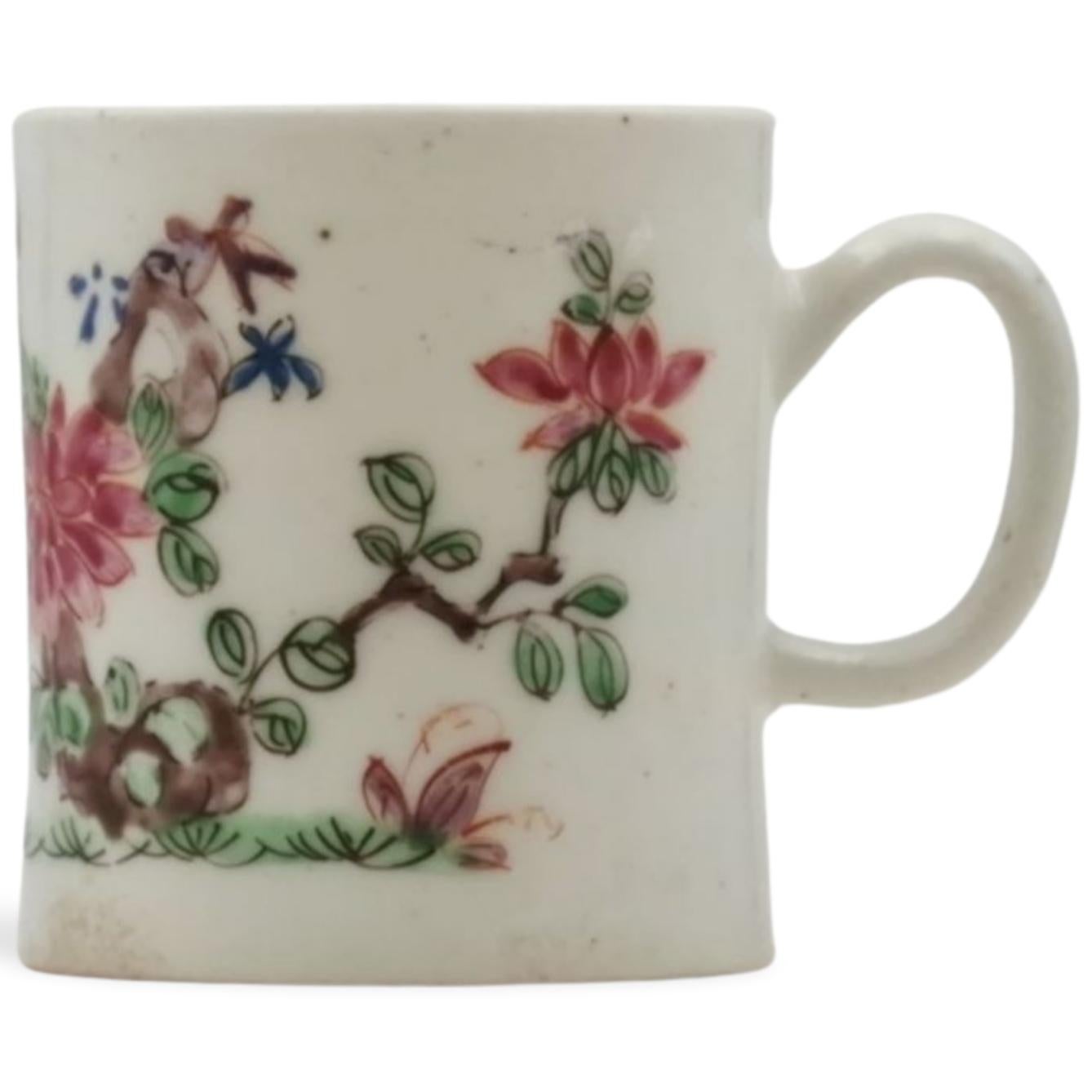 A coffee can, decorated with chinoiserie painting of typical motifs in the famille rose palette.

Bow was the first of the English porcelain manufacturers, and produced some excellent wares. Much of it competed head-on with Chinese imports, by