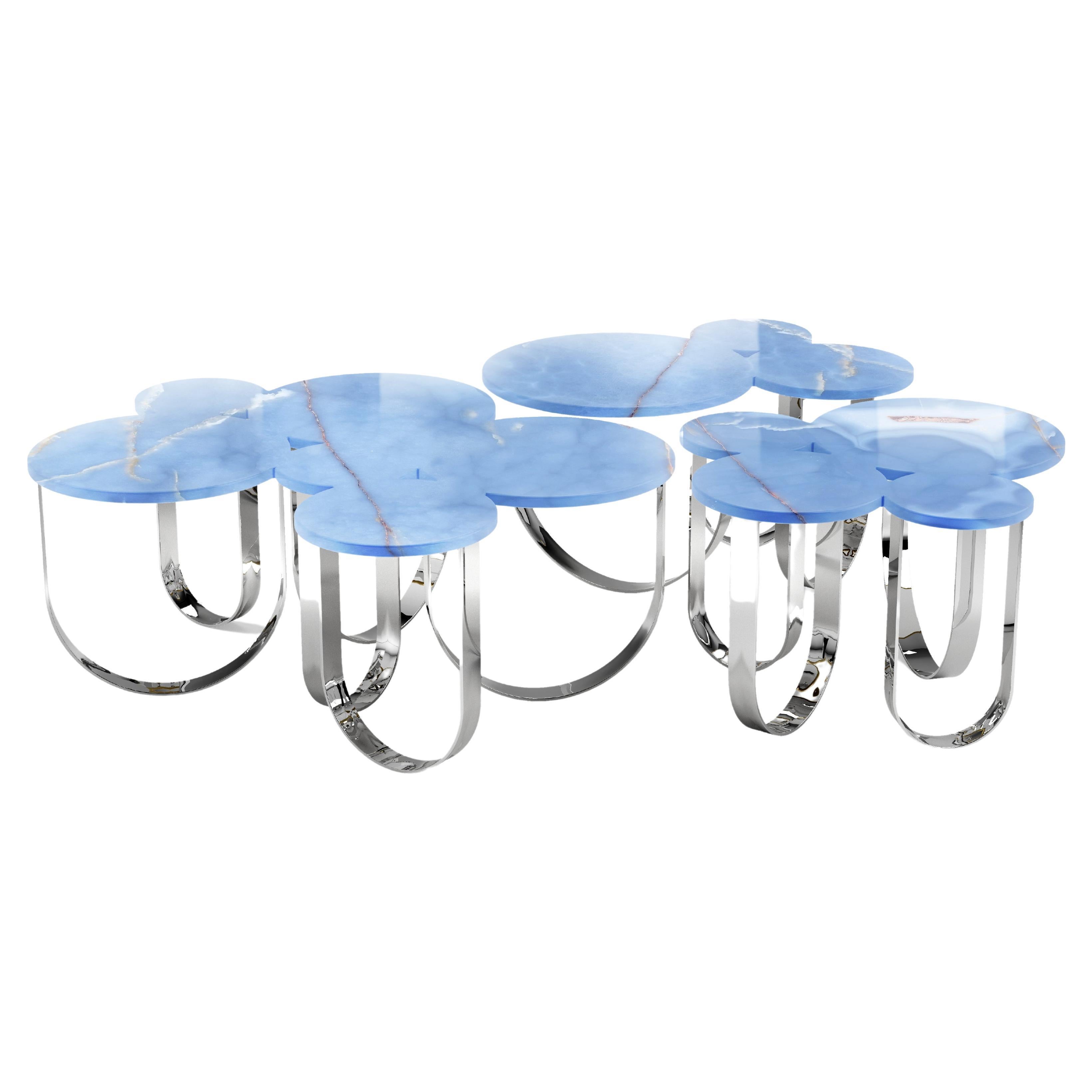 Table basse Composition centrale de cocktail en onyx bleu miroir et anneaux de base en métal en vente