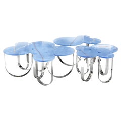 Centro de Café Composición Cocktail Table Onyx Azul Espejo Acero Base Metal Anillos