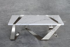 Coffee Center Table Geometric Shape White Carrara Marble Mirror Stainless Steel