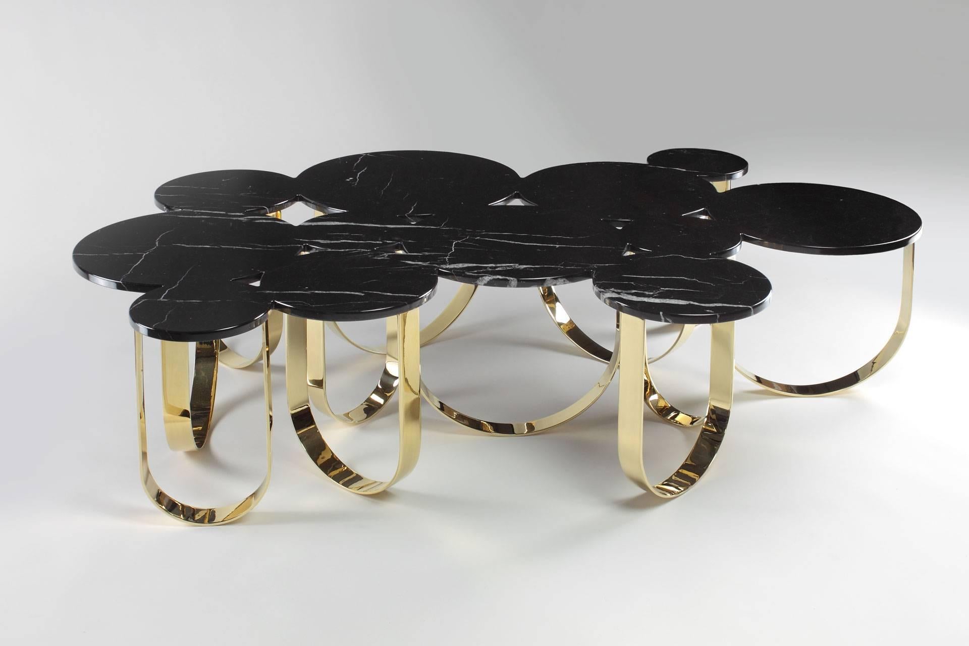 Stainless Steel Coffee Center Table White Statuary Marble Mirror Steel Rings Collectible Design For Sale