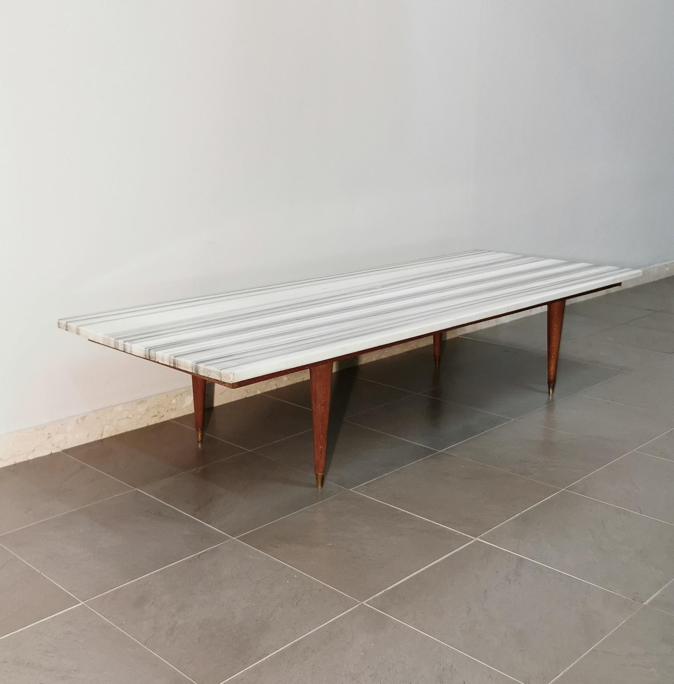 Coffee Cocktail Sofa Table Marble Wood Large Rectangular Midcentury Italy 1950s 1