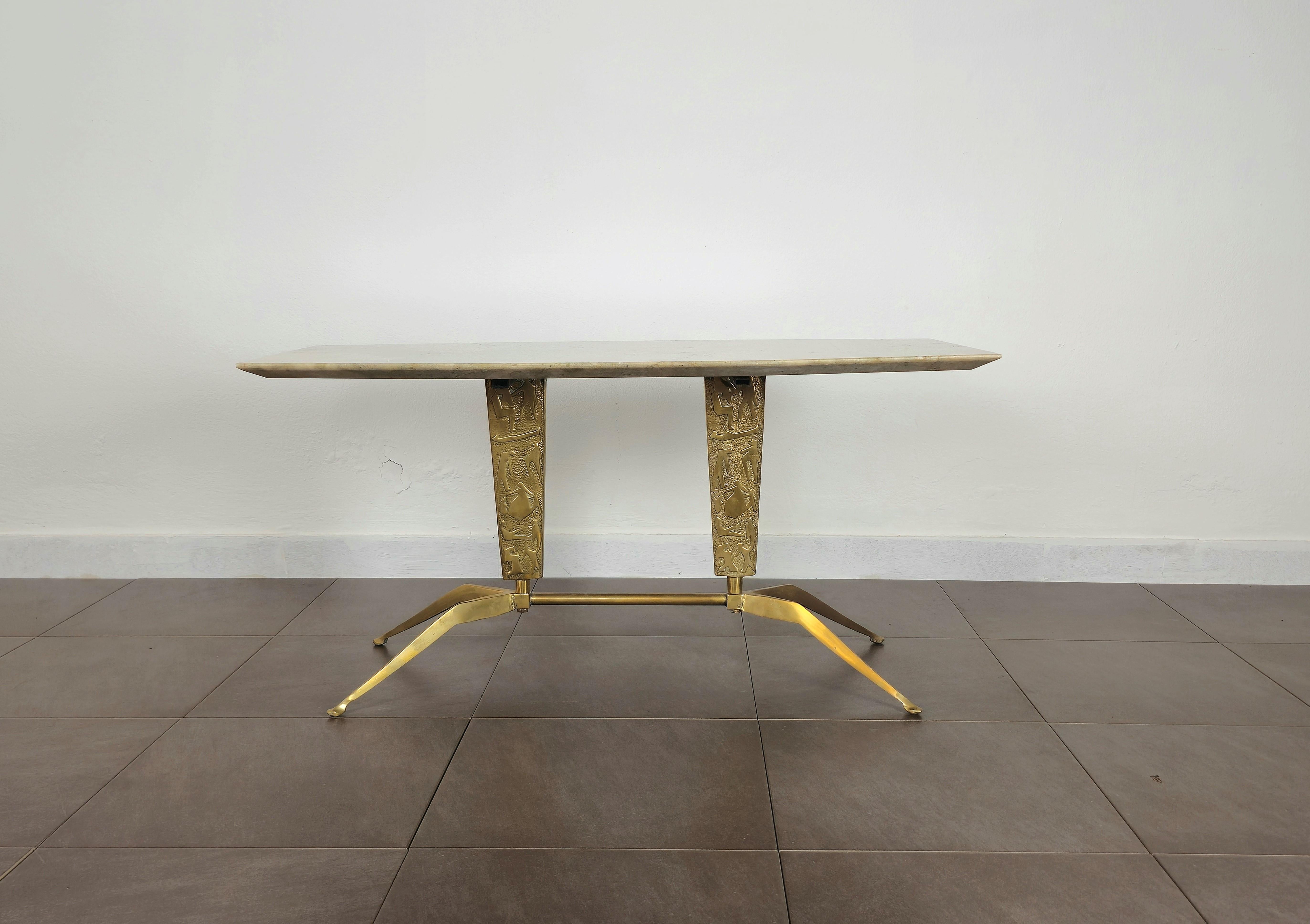 20th Century Coffee Cocktail Table Brass Marble Midcentury Modern Italian Design 1950s For Sale