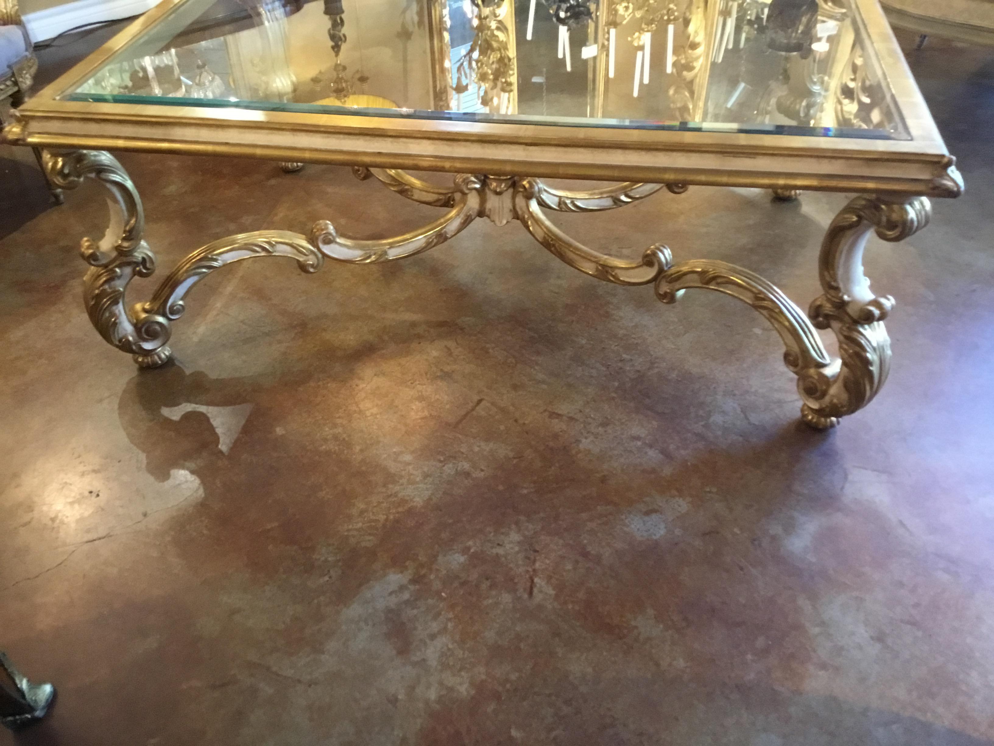 Contemporary Coffee/Cocktail Table French Style with Giltwood and Cream Paint, Beveld Glass