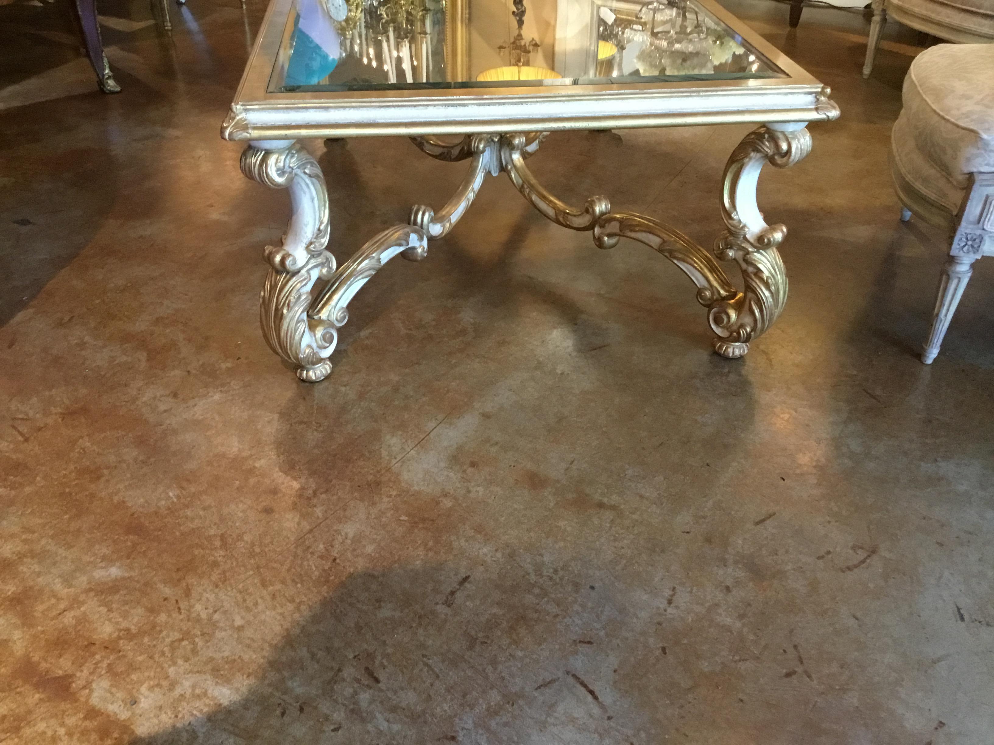 Coffee/Cocktail Table French Style with Giltwood and Cream Paint, Beveld Glass 1
