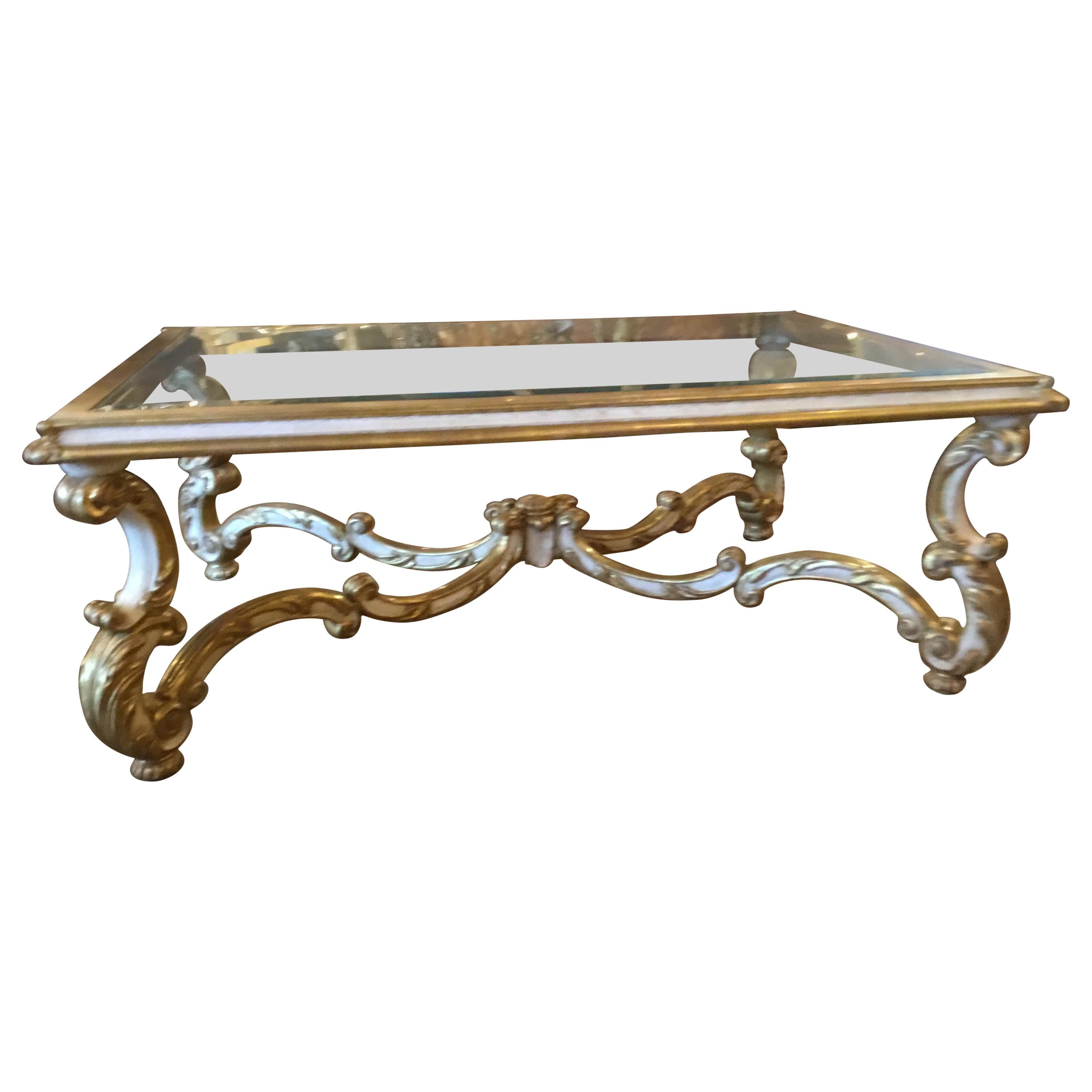 Coffee/Cocktail Table French Style with Giltwood and Cream Paint, Beveld Glass