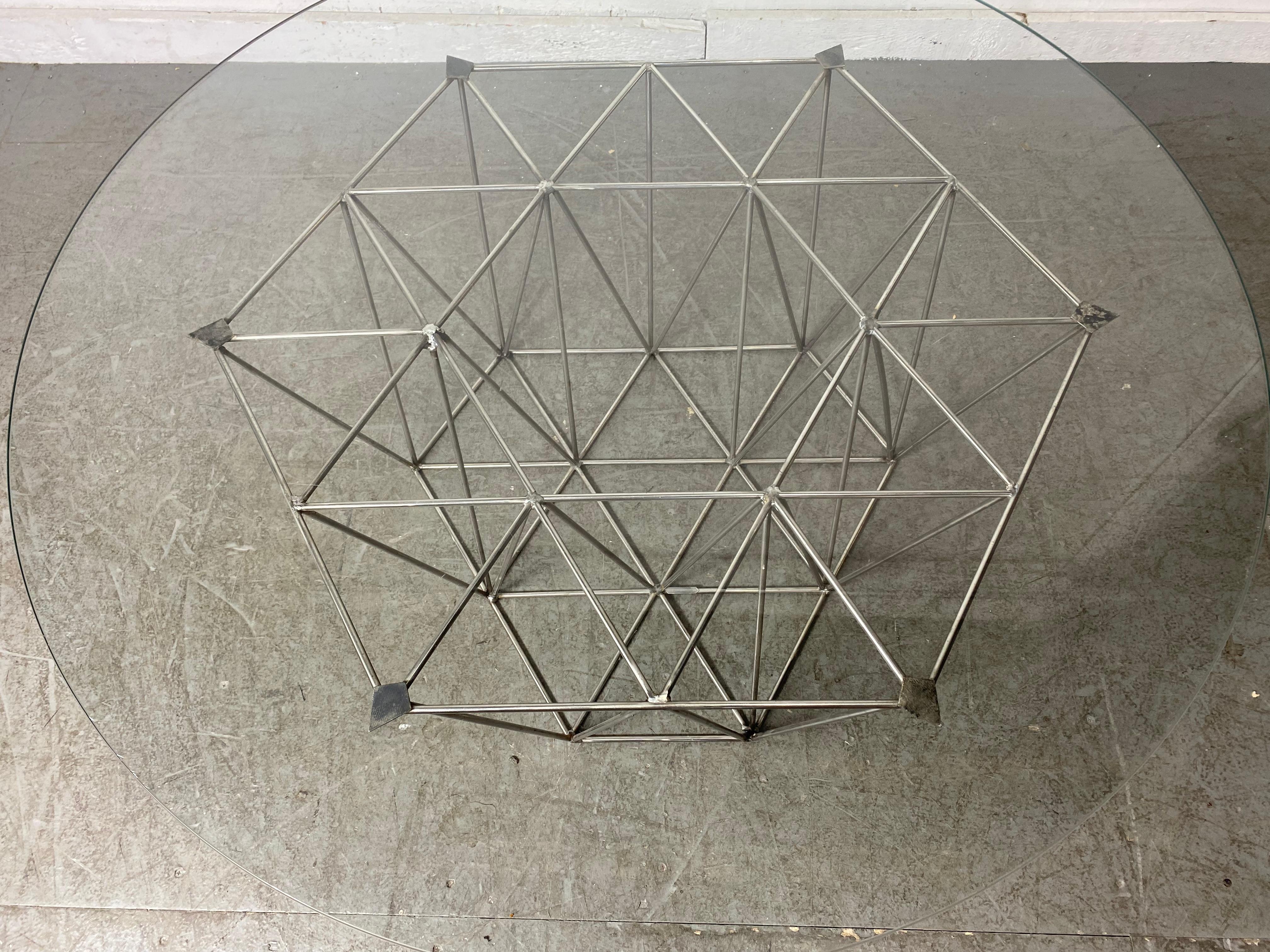 Coffee / Cocktail table, geometric welded steel & glass sculpture by Tresfort. Hand crafted and designed base can be used as wonderful sculpture,, Hand delivery avail to New York City or anywhere en route from Buffalo NY.