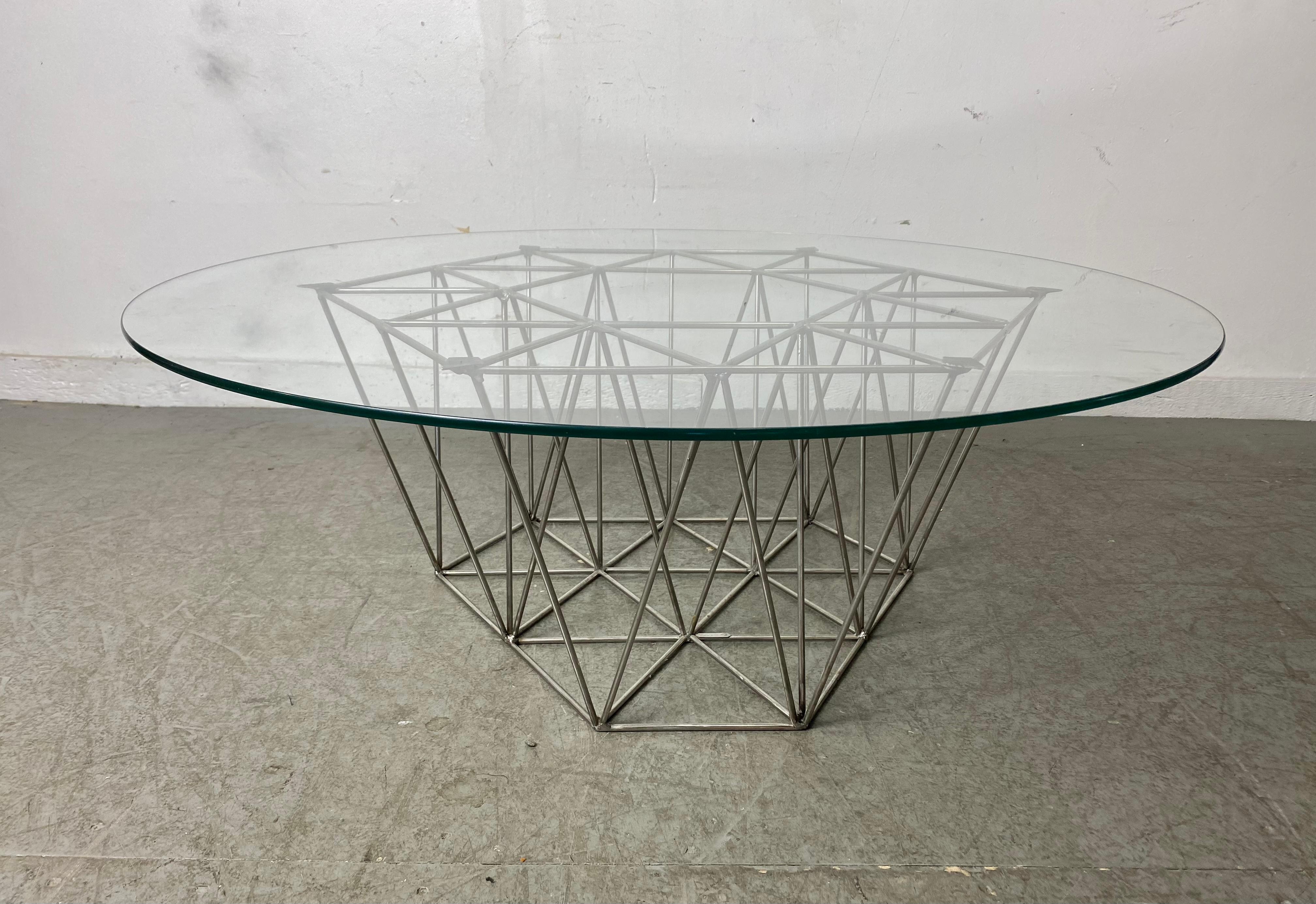 Mid-Century Modern Coffee / Cocktail Table, Geometric Welded Steel & Glass Sculpture by Tresfort For Sale