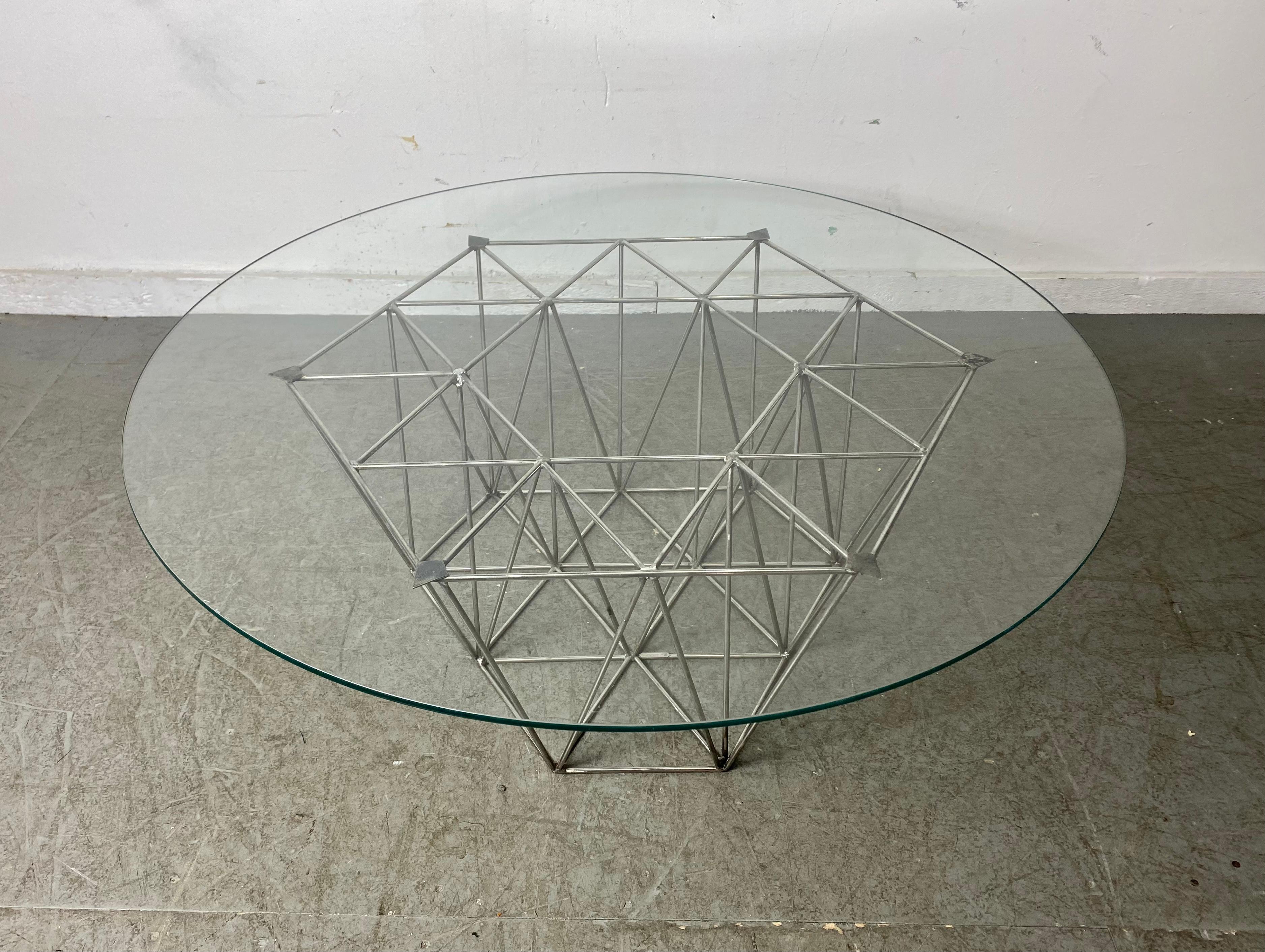 American Coffee / Cocktail Table, Geometric Welded Steel & Glass Sculpture by Tresfort For Sale