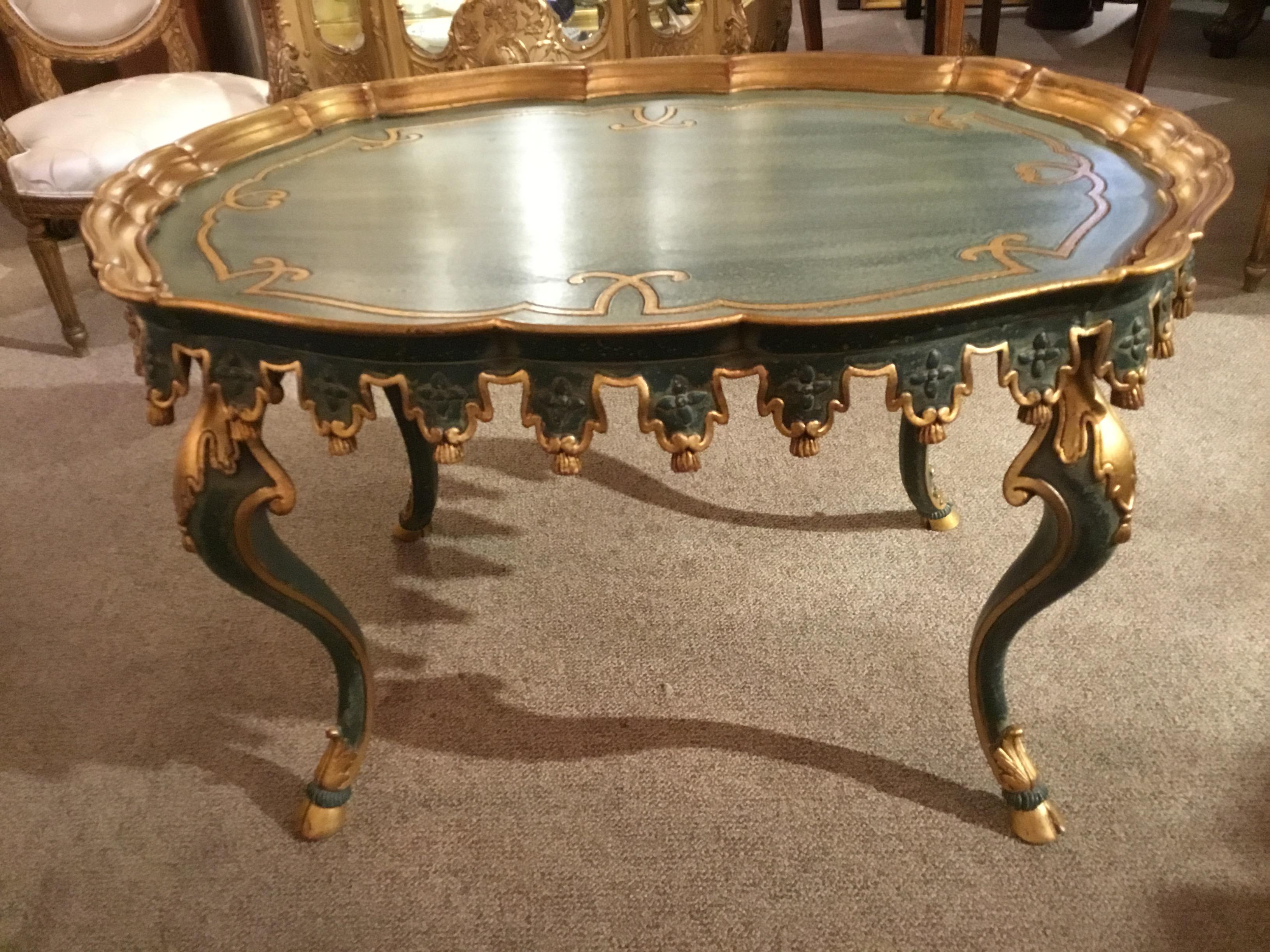 Coffee or Cocktail Table, Italian, Oval Painted with Gold Gilt Trim 1