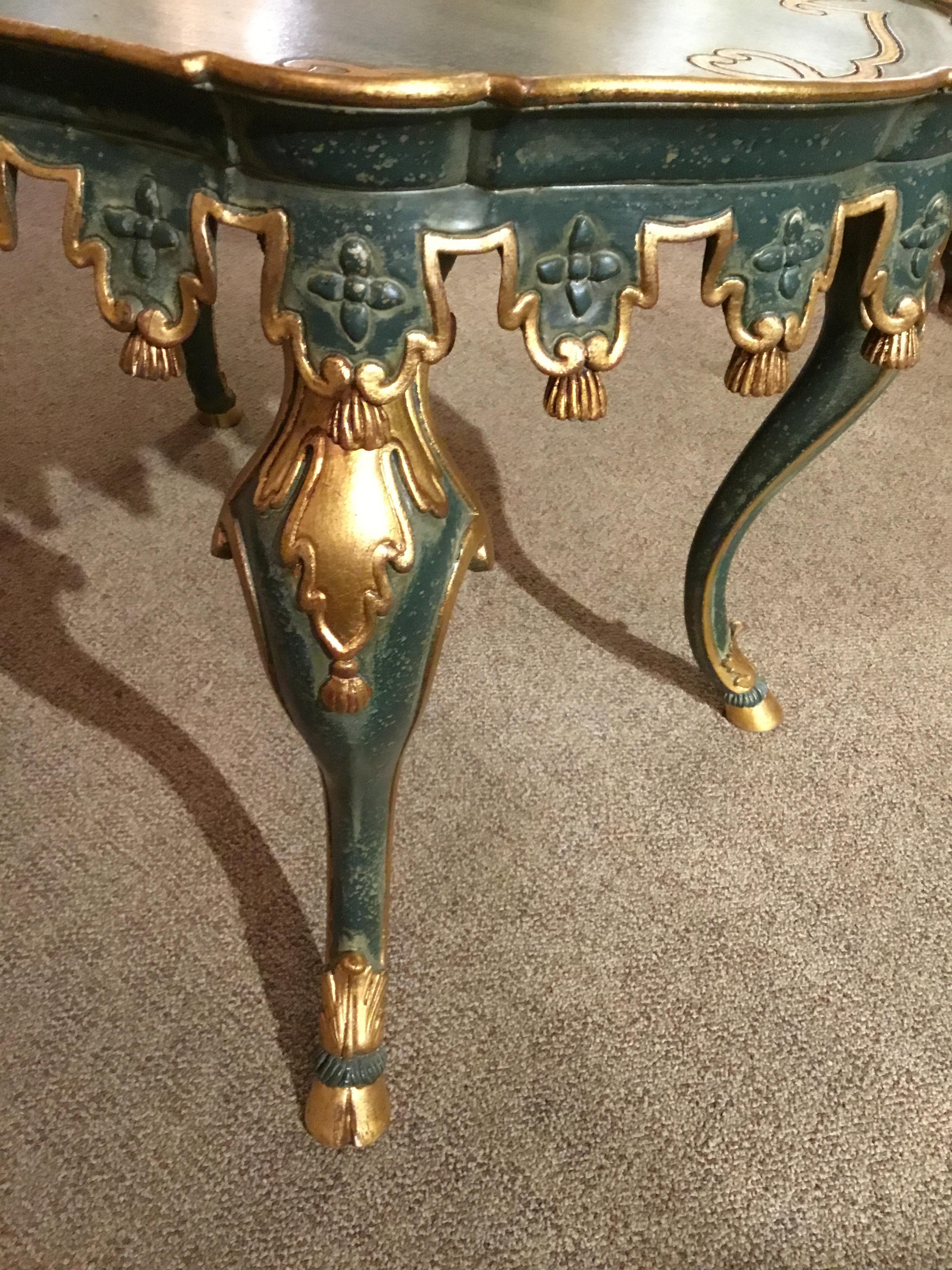 Coffee or Cocktail Table, Italian, Oval Painted with Gold Gilt Trim 2