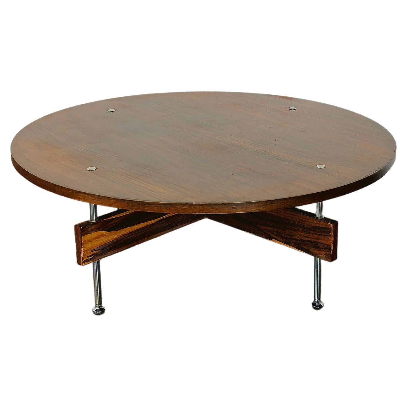 Coffee Cocktail Table Low Wood Chromed Metal Brass Stildomus Midcentury 1960s For Sale