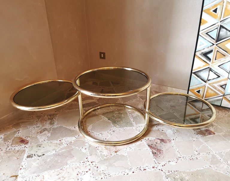 Coffee Cocktail Table Smoked Glass Golden Metal Round MidCentury