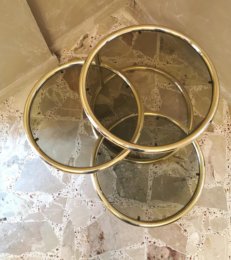 Coffee Cocktail Table Smoked Glass Golden Metal Round MidCentury