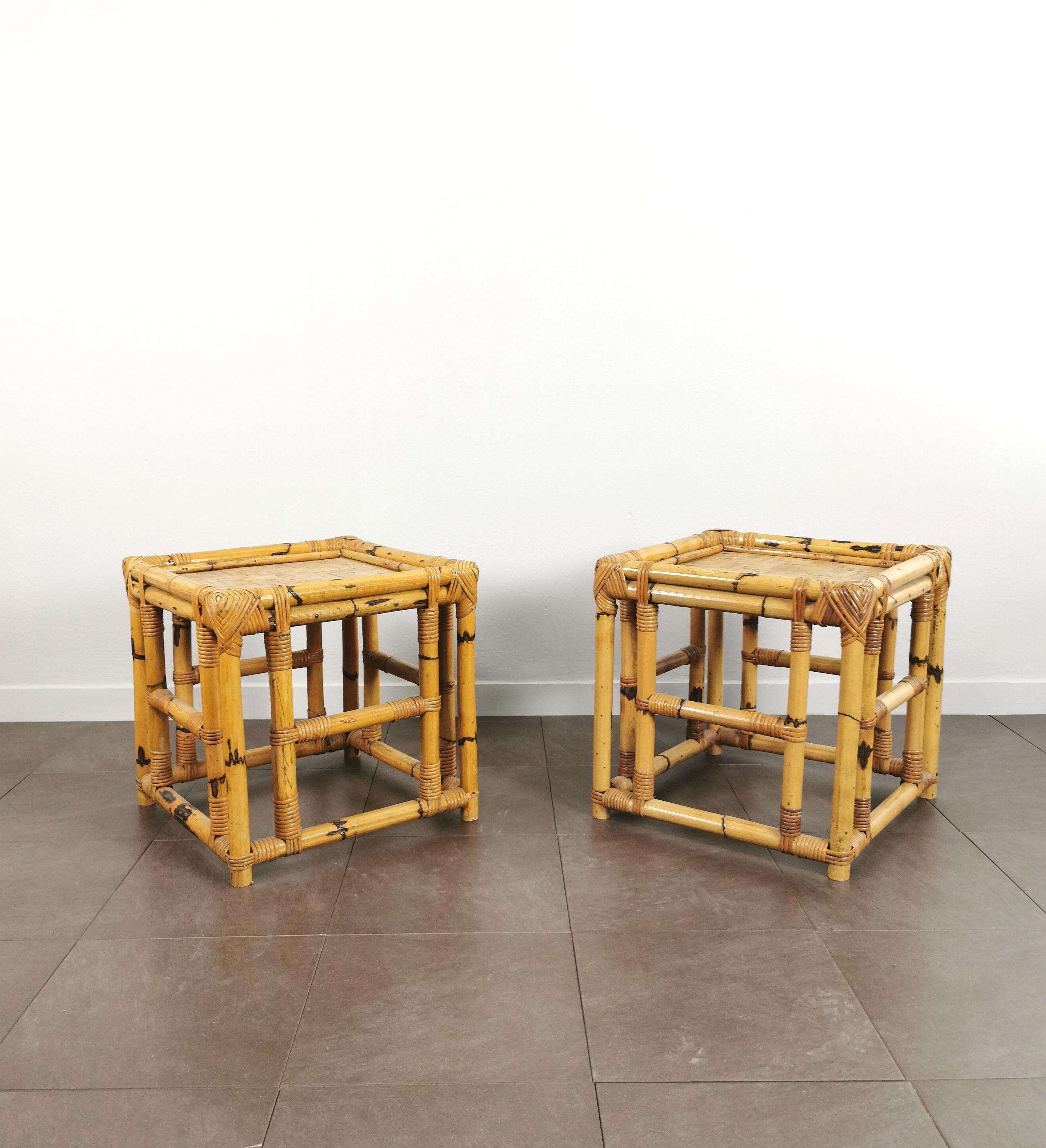 Set of 2 coffee tables produced in the 70s by the Italian company Viva del Sud.
Each single cube-shaped table was made of bamboo with a woven top.



Note: We try to offer our customers an excellent service even in shipments all over the world,