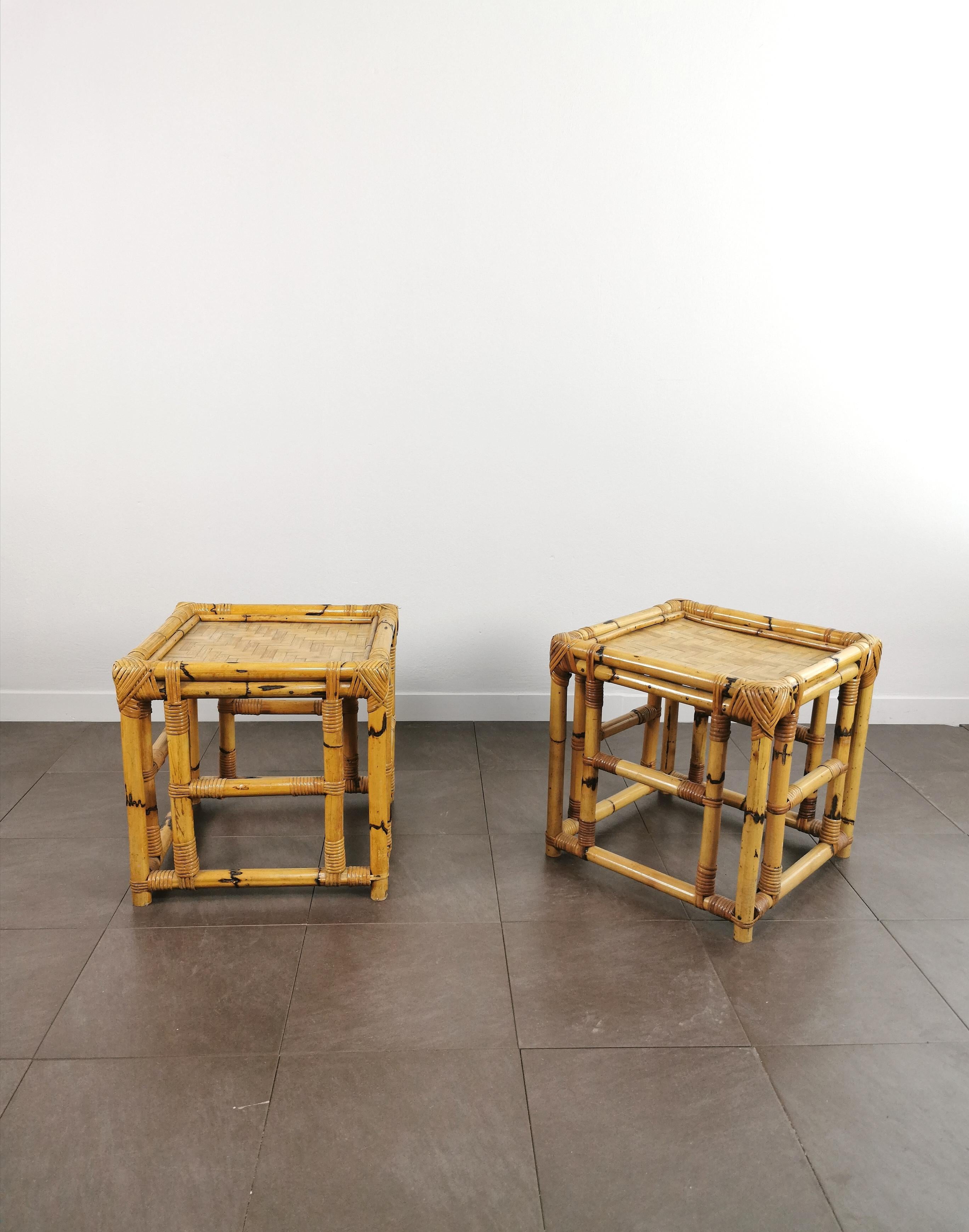 Woven Pair of Coffee Tables Bamboo Cubic Vivai del Sud Midcentury Modern Italy 1970s  For Sale