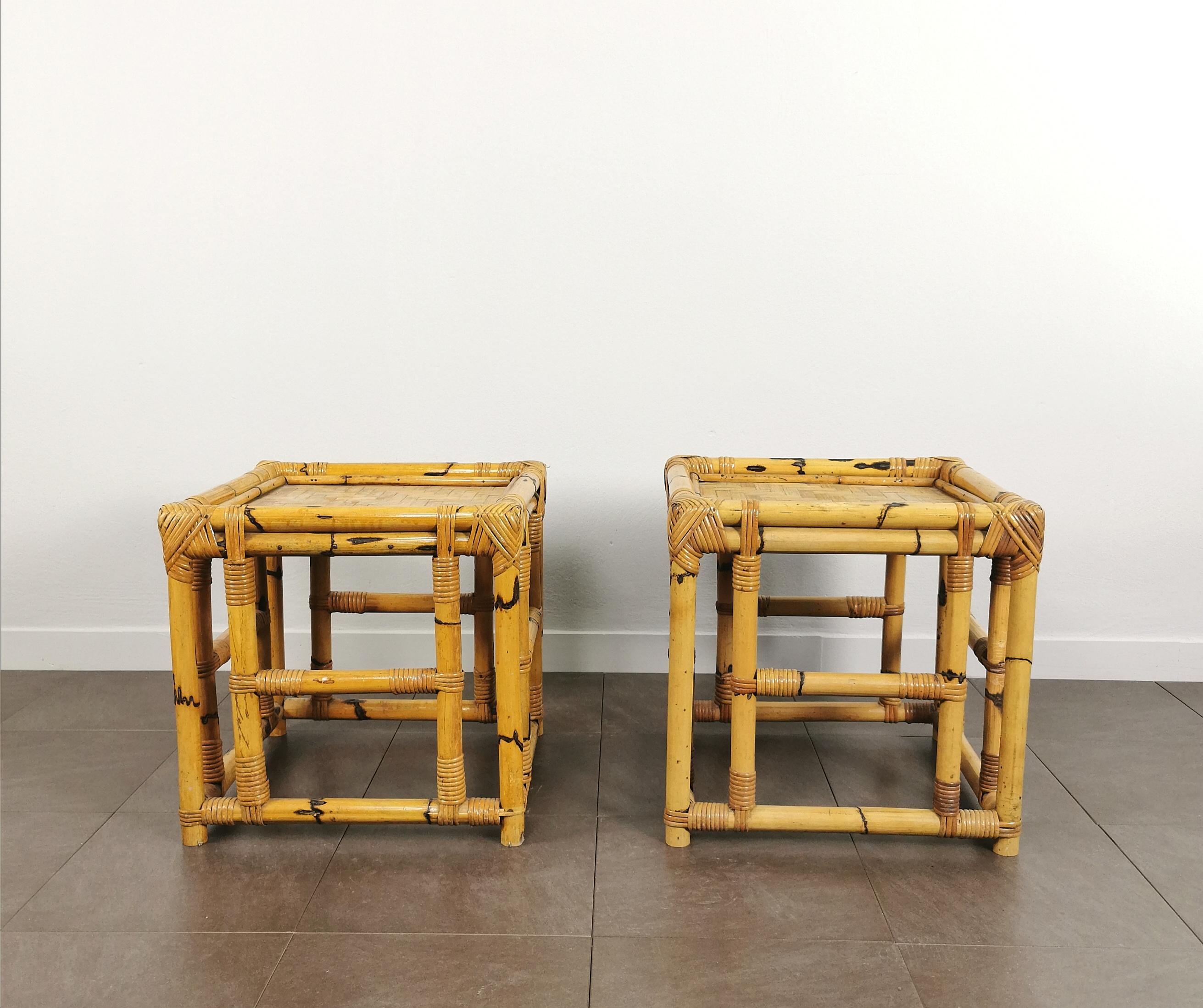 Bambou Paire de tables basses cubiques Vivai del Sud mi-siècle moderne Italie 1970  en vente