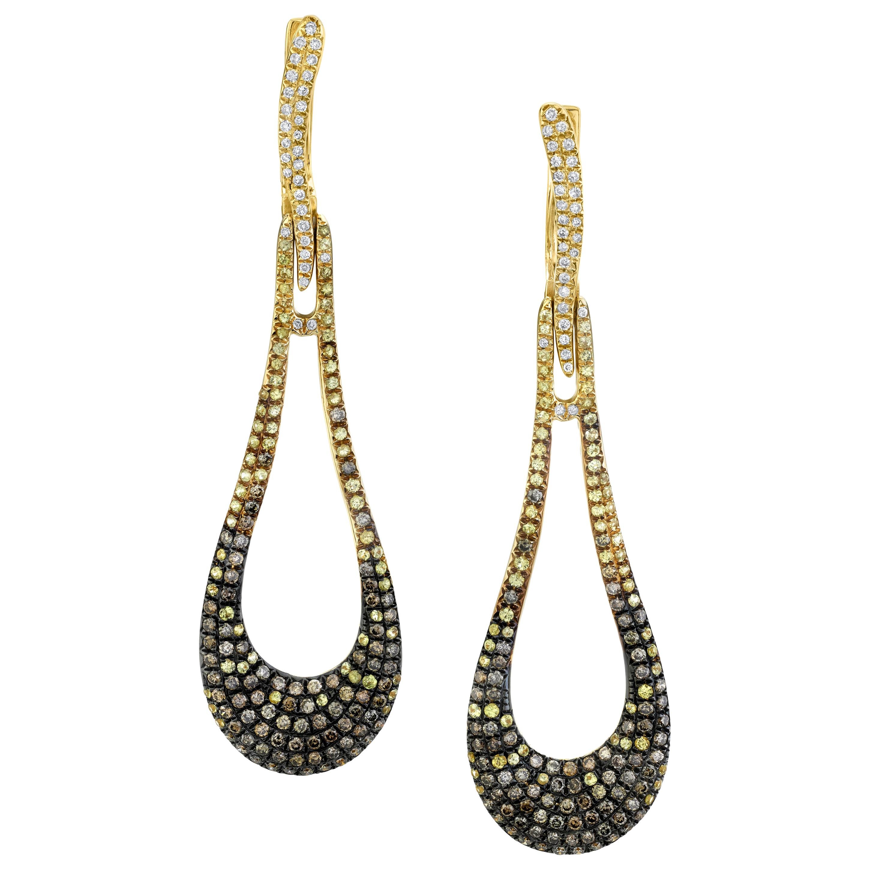 Coffee Diamond & Yellow Sapphire Ombre Open Teardrop Gold Dangle Earrings For Sale