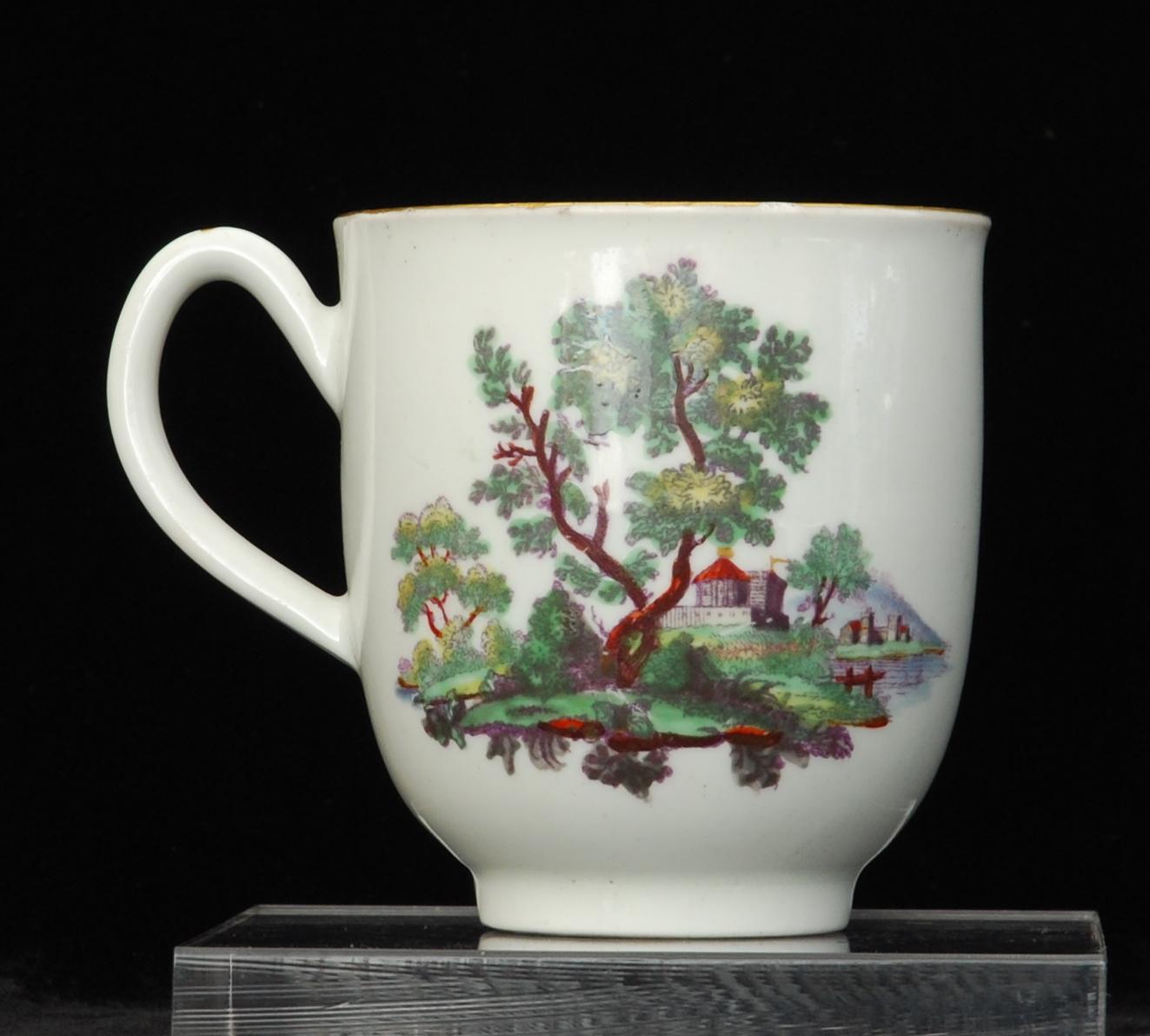English Coffee Cup, Classical Ruins, Coloured: Worcester, Giles, circa 1770 For Sale