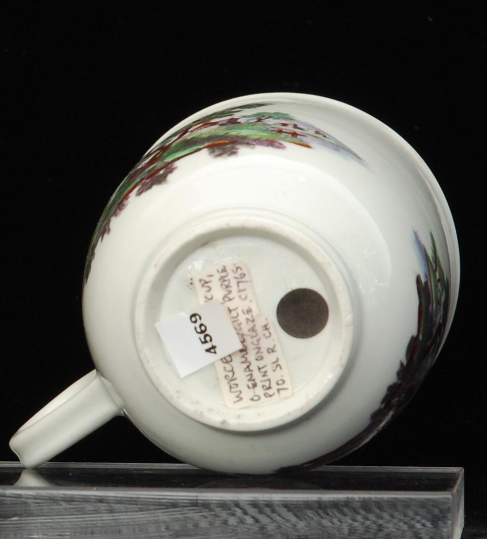 Porcelain Coffee Cup, Classical Ruins, Coloured: Worcester, Giles, circa 1770 For Sale