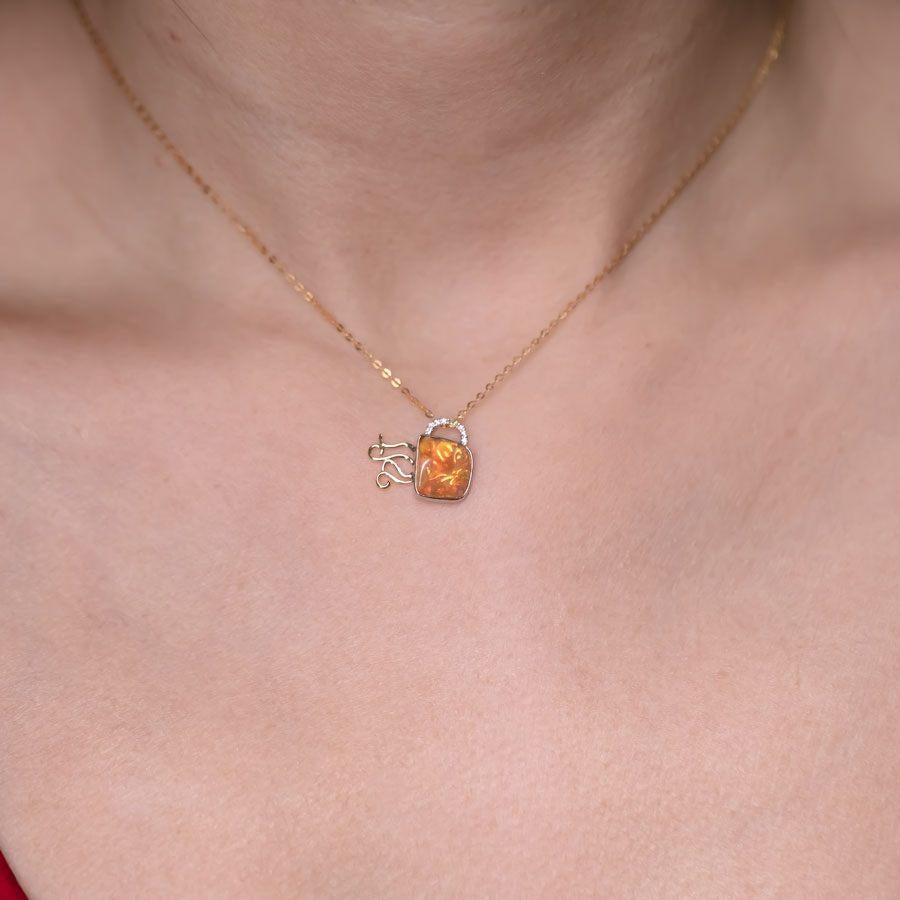 Brilliant Cut Coffee Cup Fire Opal Diamond Pendant Necklace 18K White/Yellow Gold For Sale