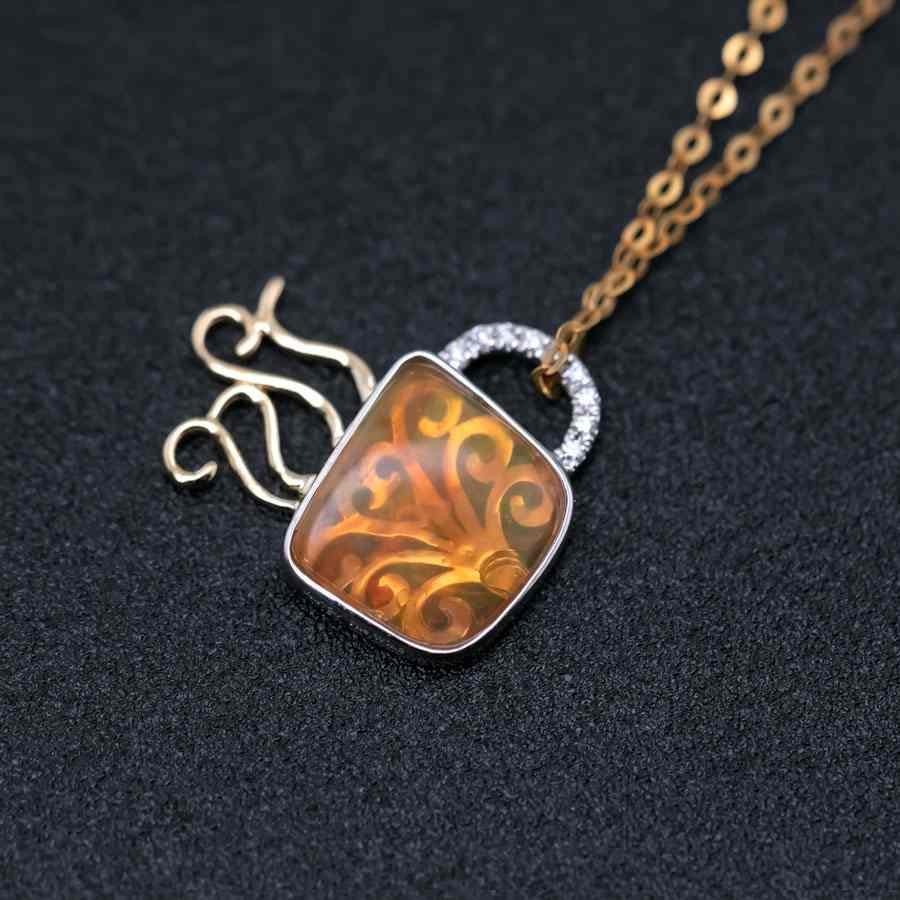 Arts and Crafts Coffee Cup Fire Opal Diamond Pendant Necklace 18K White/Yellow Gold For Sale