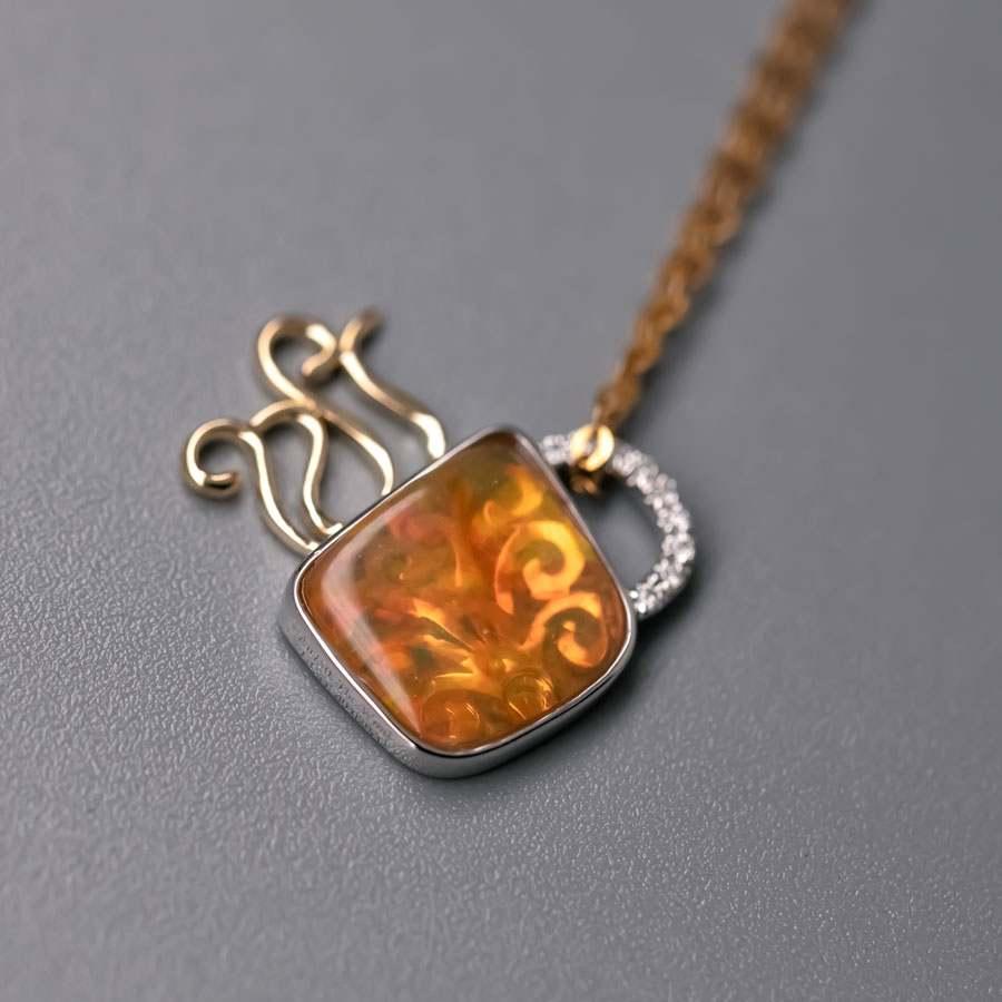Coffee Cup Fire Opal Diamond Pendant Necklace 18K White/Yellow Gold In New Condition For Sale In Suwanee, GA