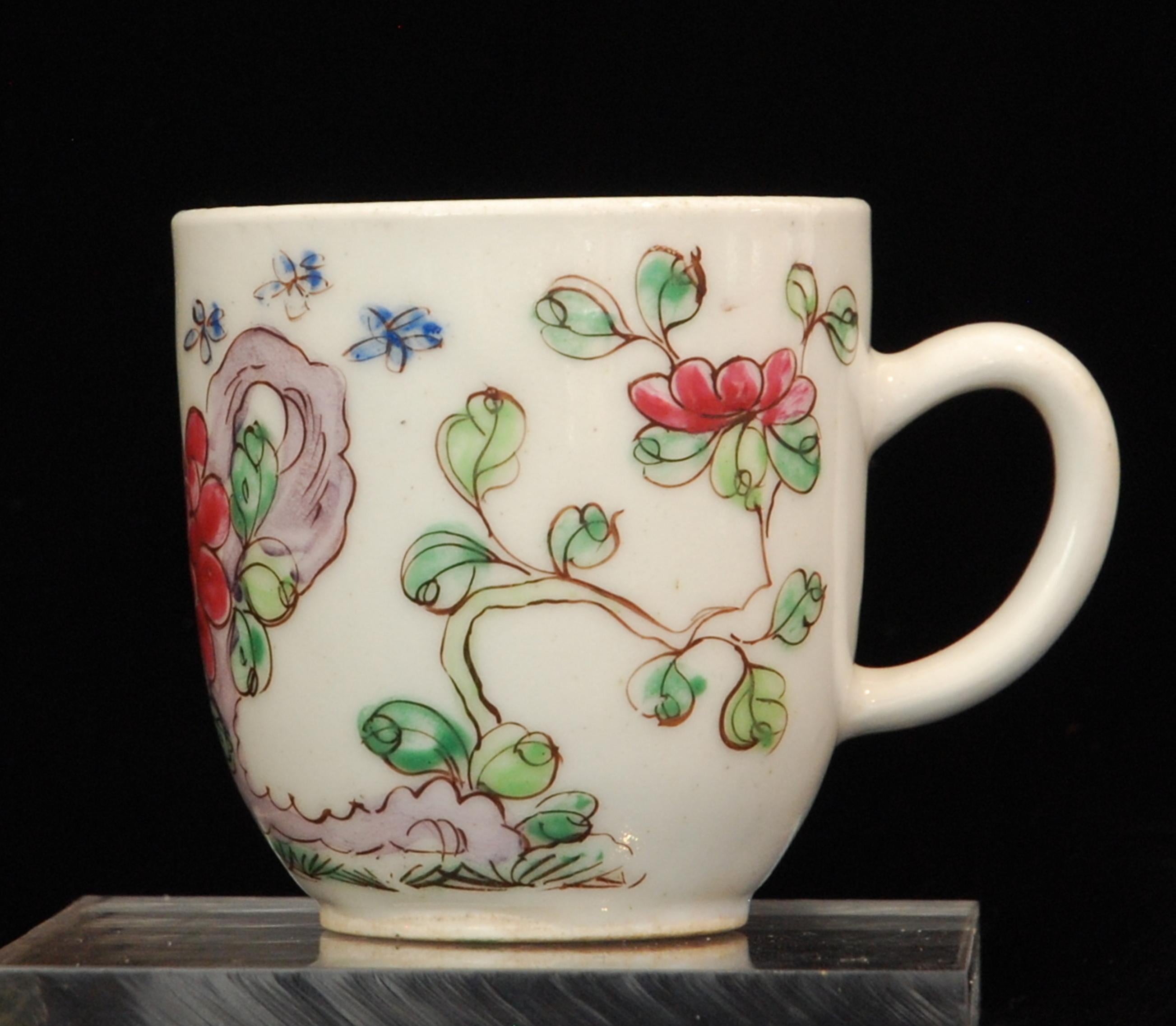 A direct copy of a Chinese shape, decorated with chinoiserie painting of typical motifs in the famille rose palette.

