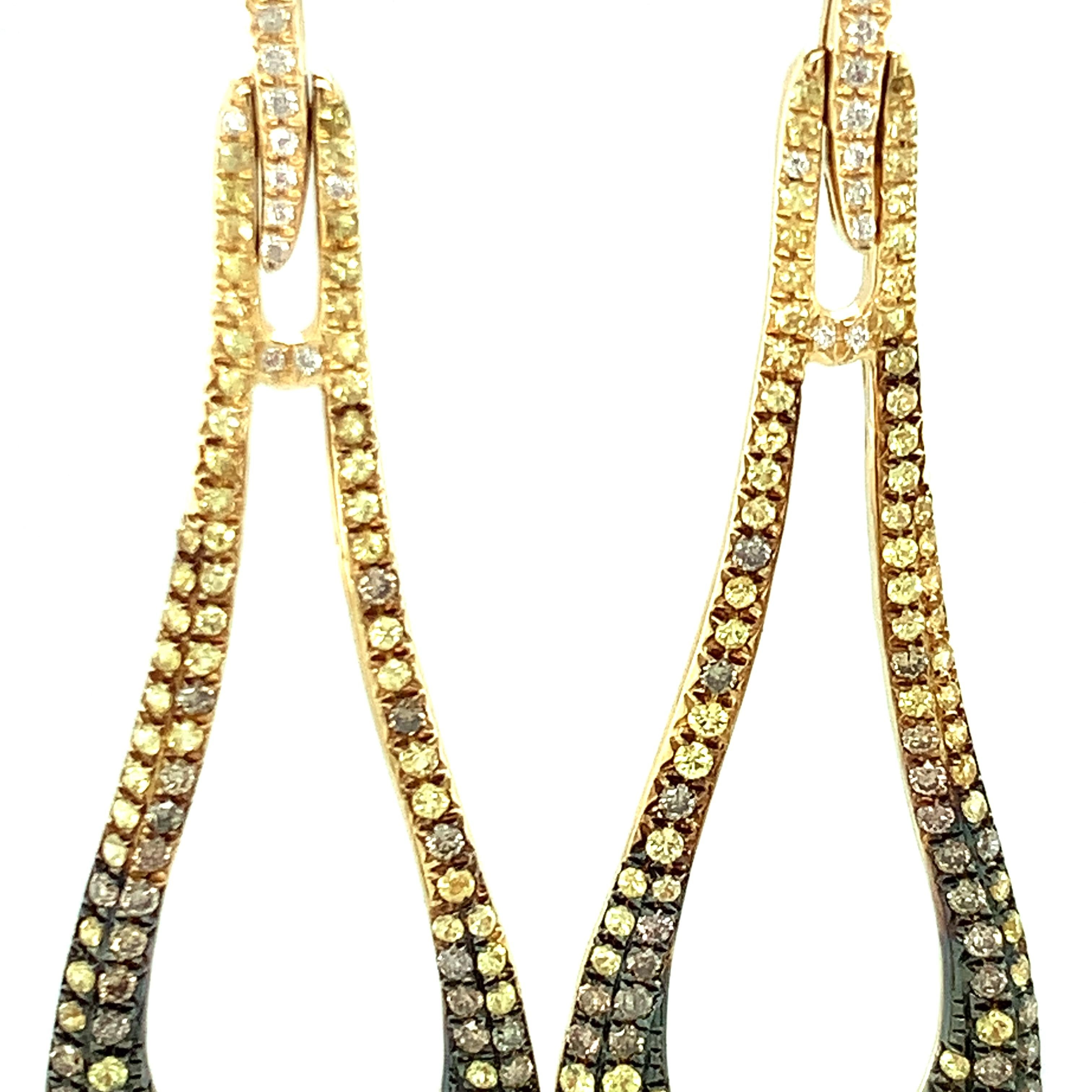 Coffee Diamond & Yellow Sapphire Ombre Open Teardrop Gold Dangle Earrings In New Condition For Sale In Los Angeles, CA