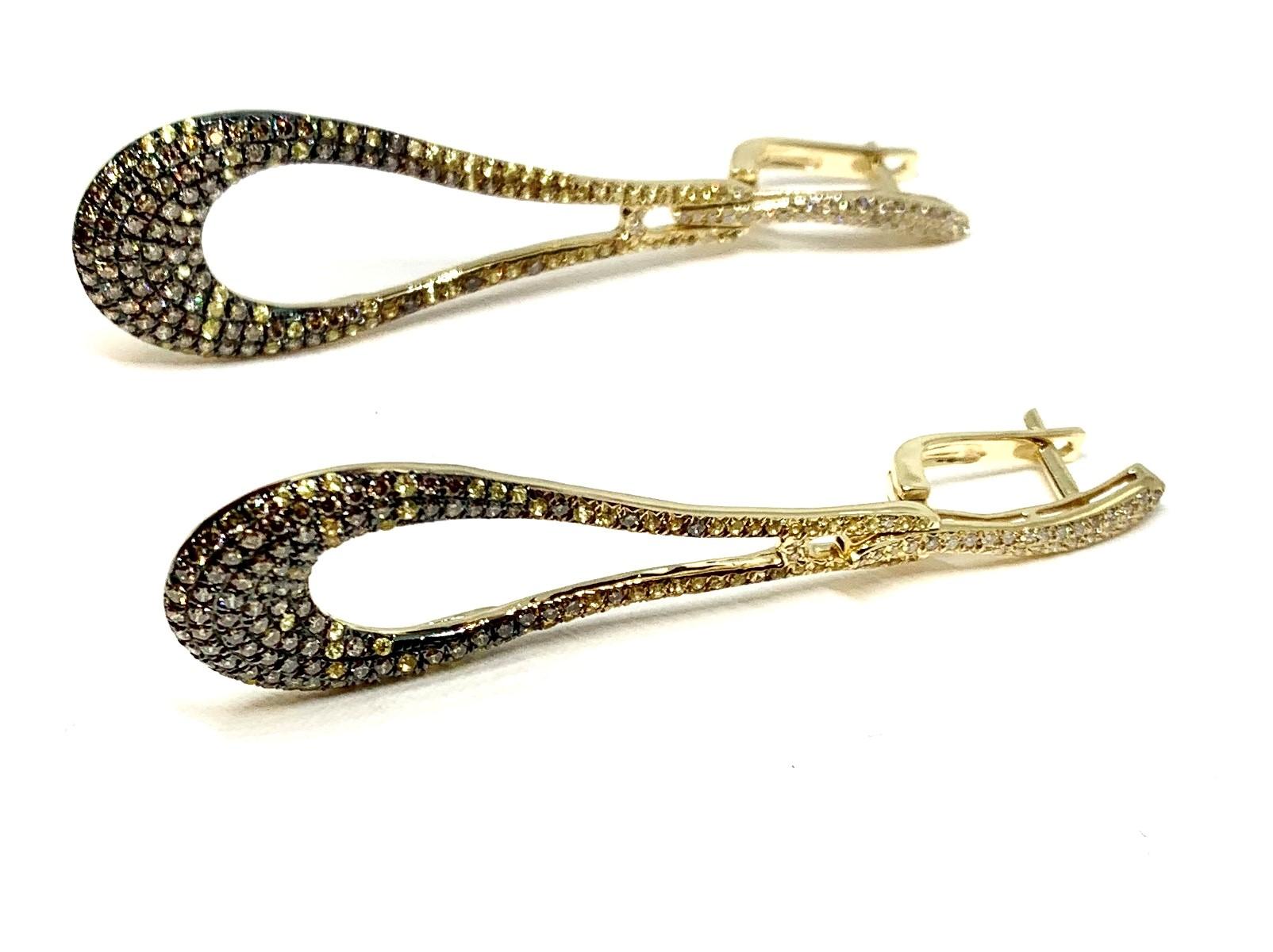 Coffee Diamond & Yellow Sapphire Ombre Open Teardrop Gold Dangle Earrings For Sale 2