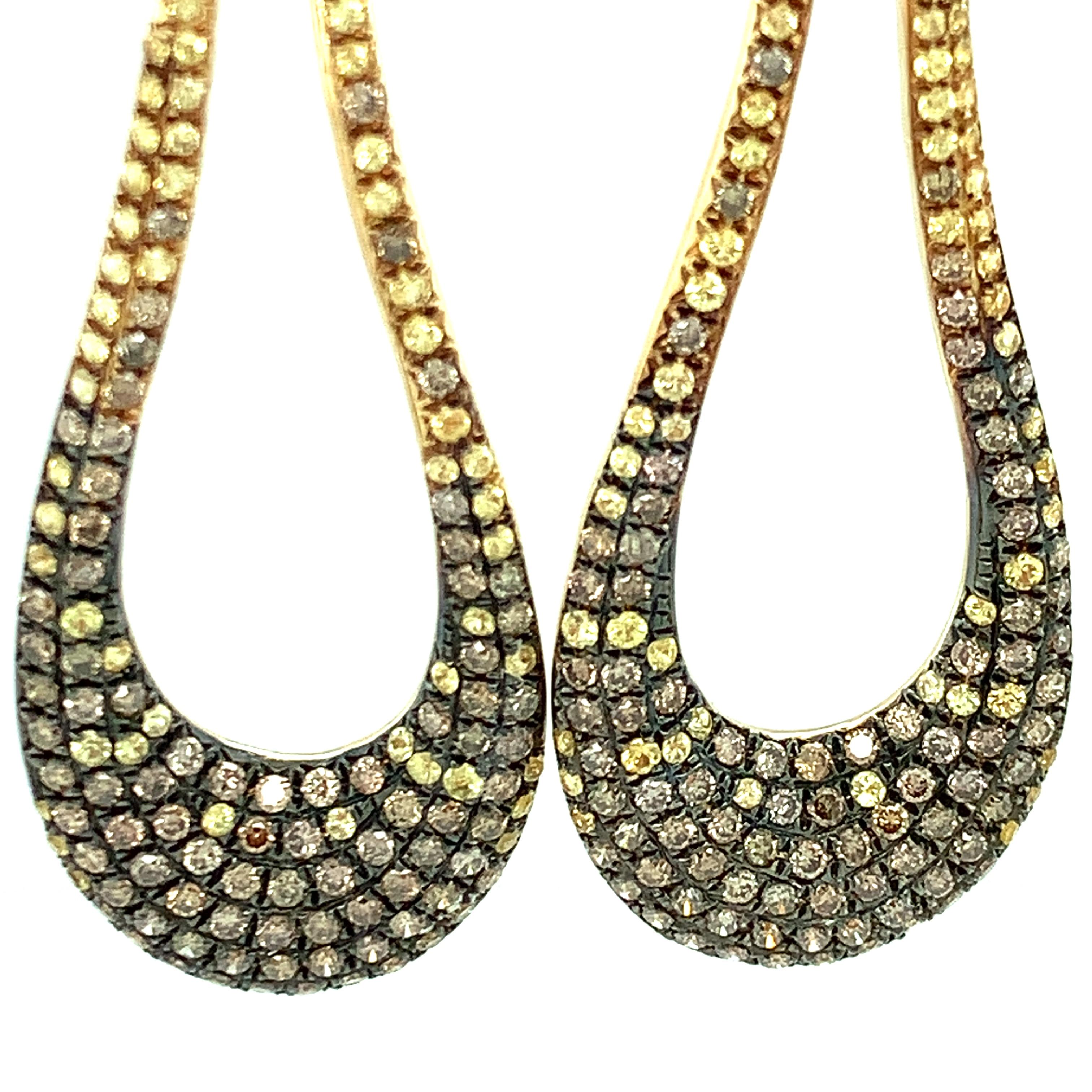 Coffee Diamond & Yellow Sapphire Ombre Open Teardrop Gold Dangle Earrings For Sale 4