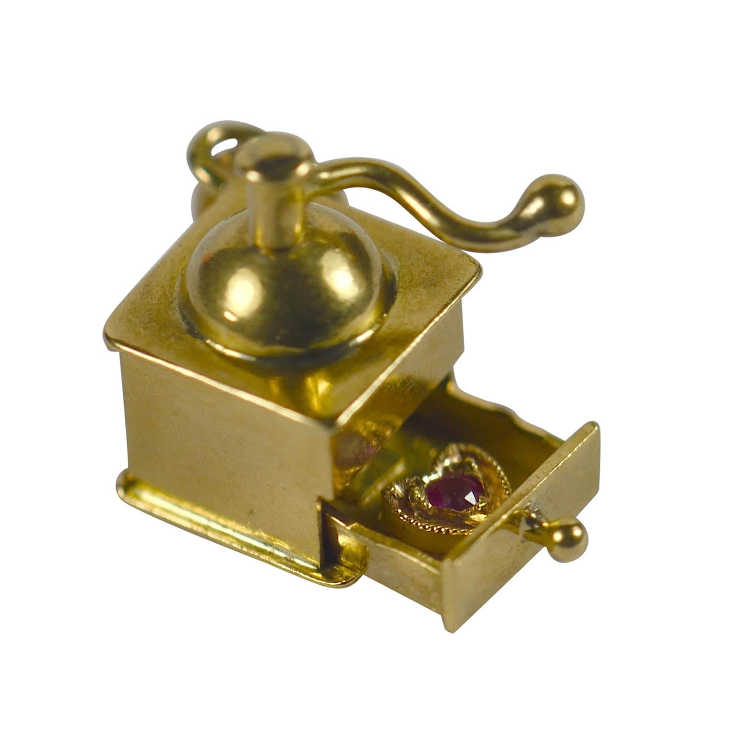 Coffee Grinder Love Heart Gold Ruby Charm Pendant