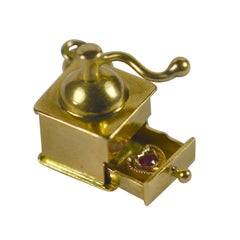 Vintage Coffee Grinder Love Heart Gold Ruby Charm Pendant