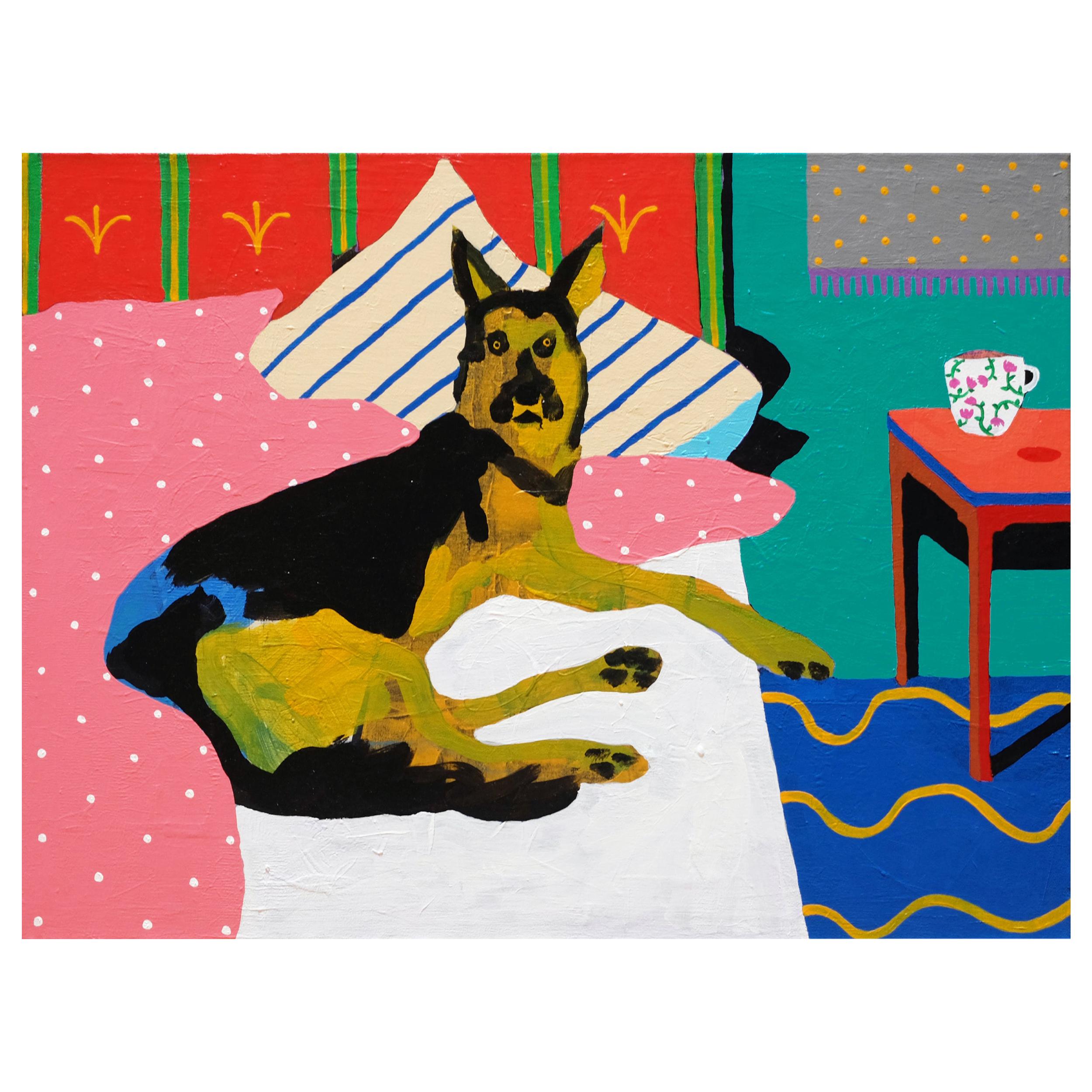dog on bed painting